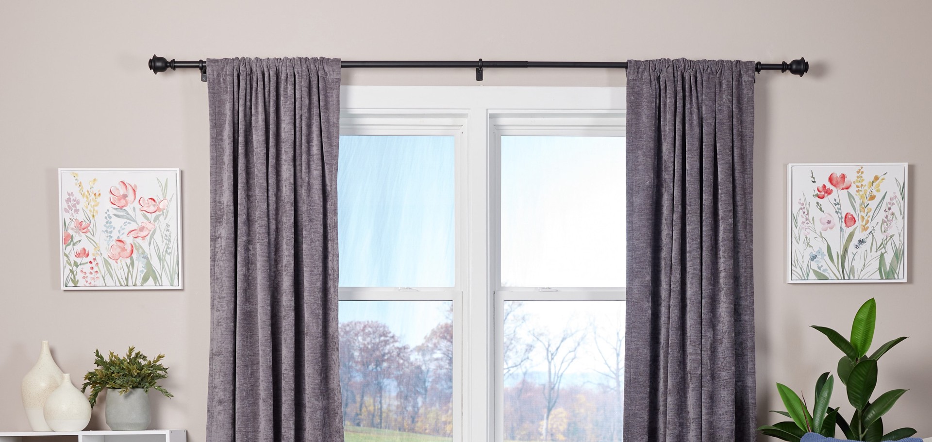 slide 5 of 6, allen + roth Kirby 36-in to 72-in Matte Black Steel Single Curtain Rod with Finials, 1 ct