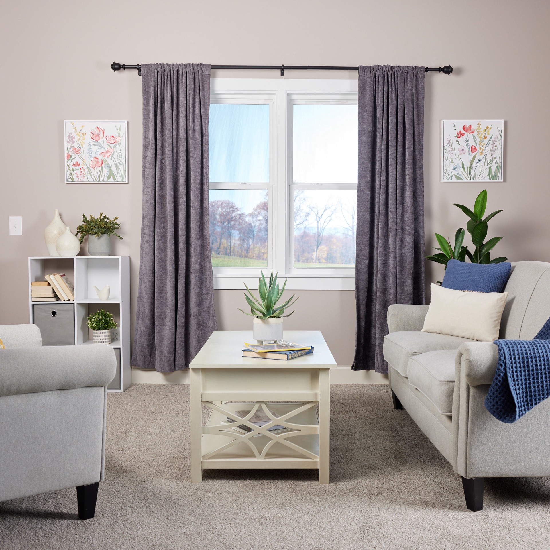 slide 6 of 6, allen + roth Kirby 36-in to 72-in Matte Black Steel Single Curtain Rod with Finials, 1 ct