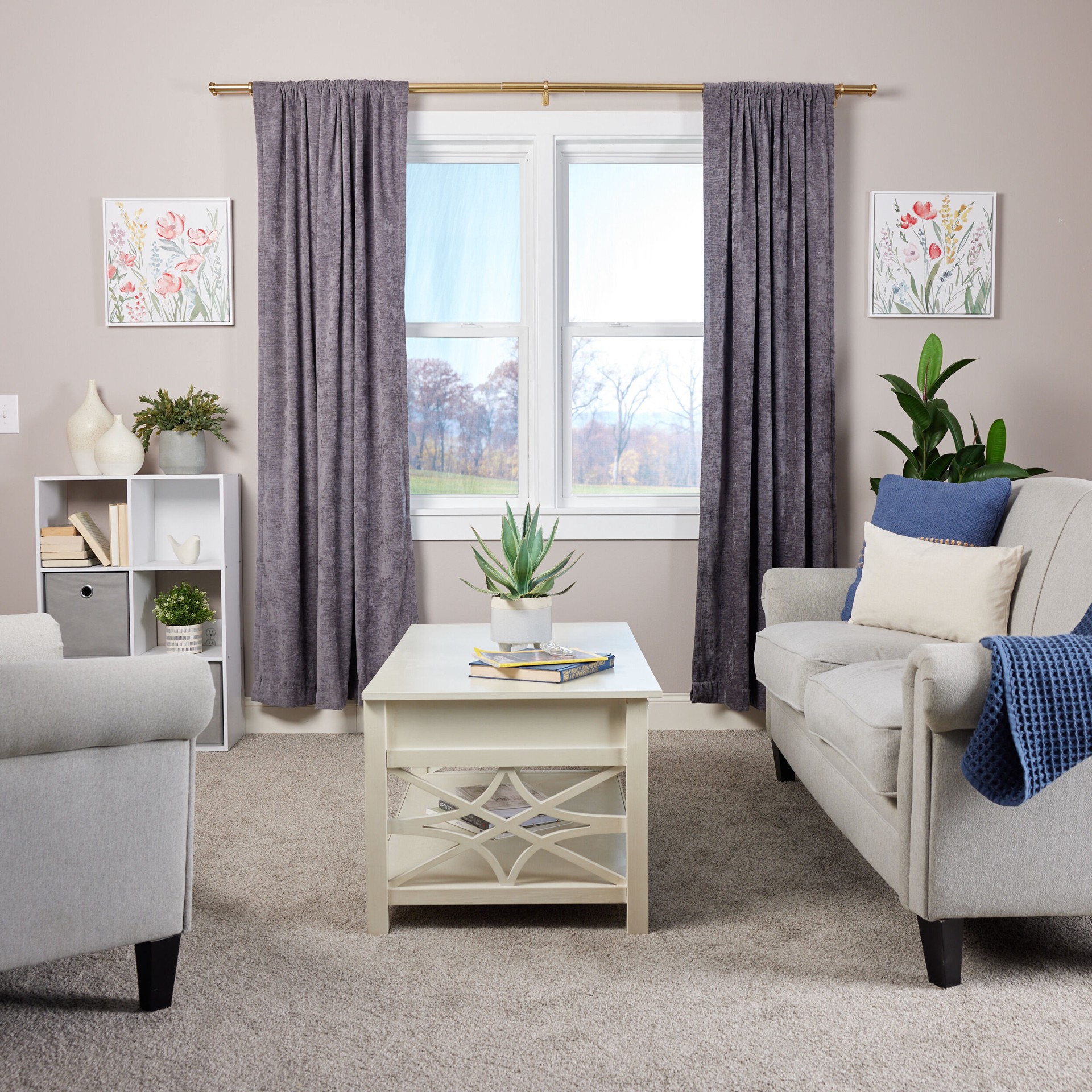 slide 6 of 6, allen + roth Double Rod 72-in to 144-in Brushed Gold Steel Double Traverse Curtain Rod, 1 ct