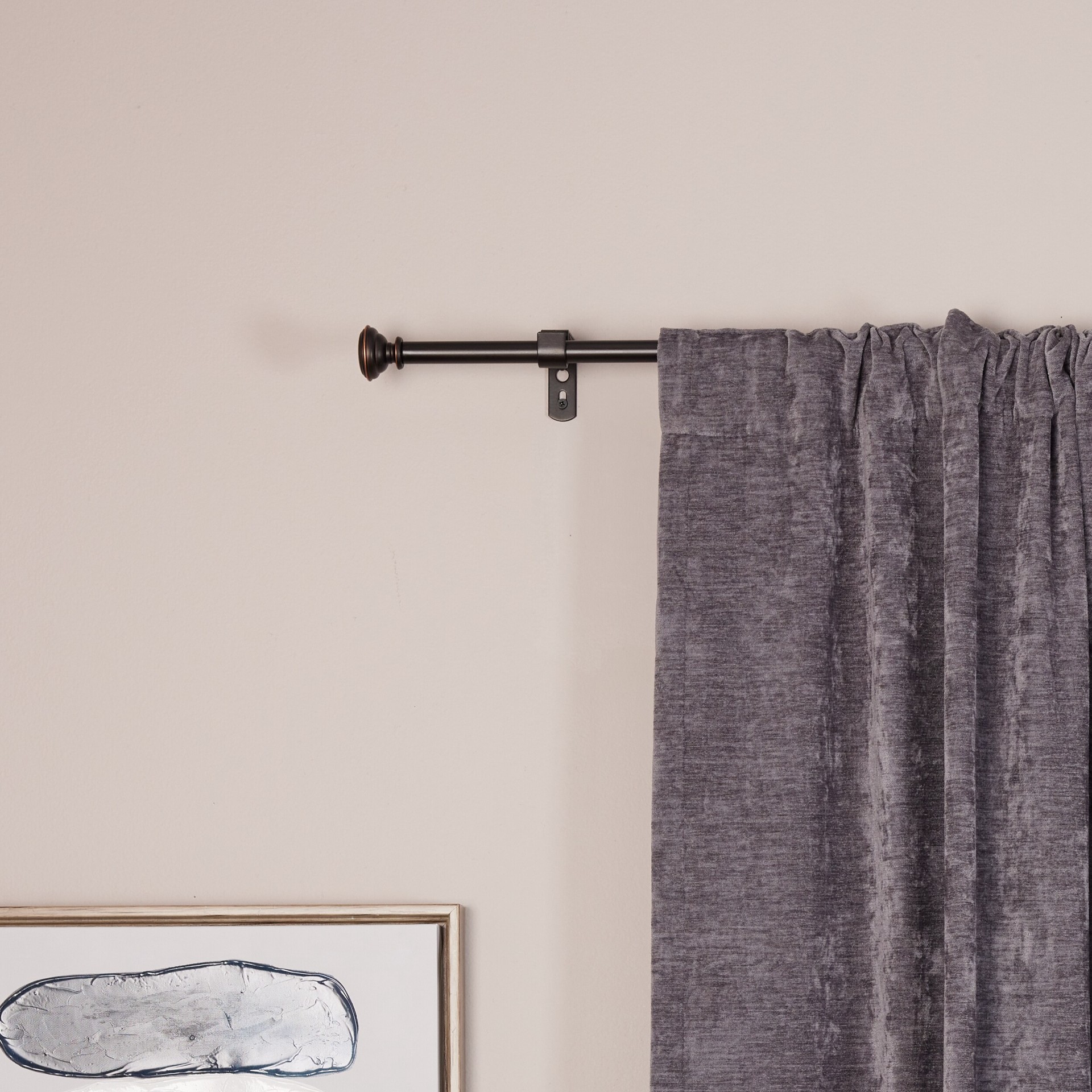 slide 6 of 6, Style Selections Sema 28-in to 48-in Dark Oil-Rubbed Bronze Steel Single curtain rod with Finials, 1 ct