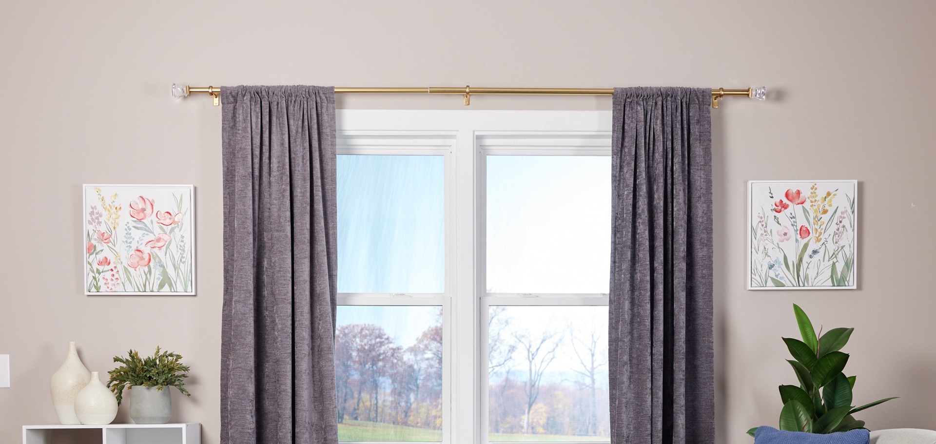 slide 5 of 6, allen + roth Bexley 36-in to 72-in Brushed Gold Steel Single Curtain Rod with Finials, 1 ct