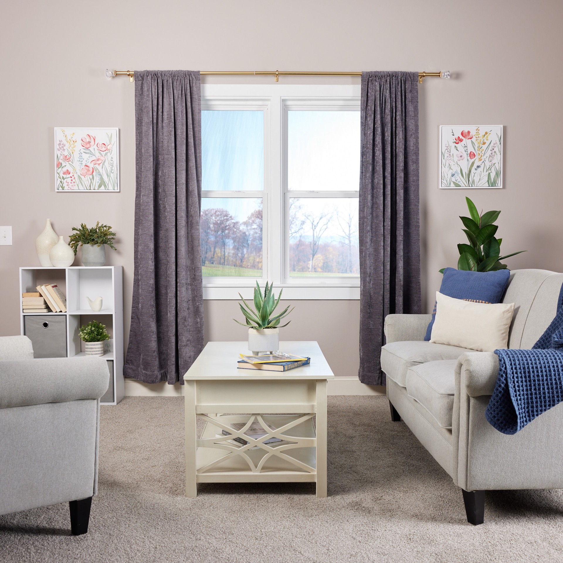 slide 6 of 6, allen + roth Bexley 36-in to 72-in Brushed Gold Steel Single Curtain Rod with Finials, 1 ct