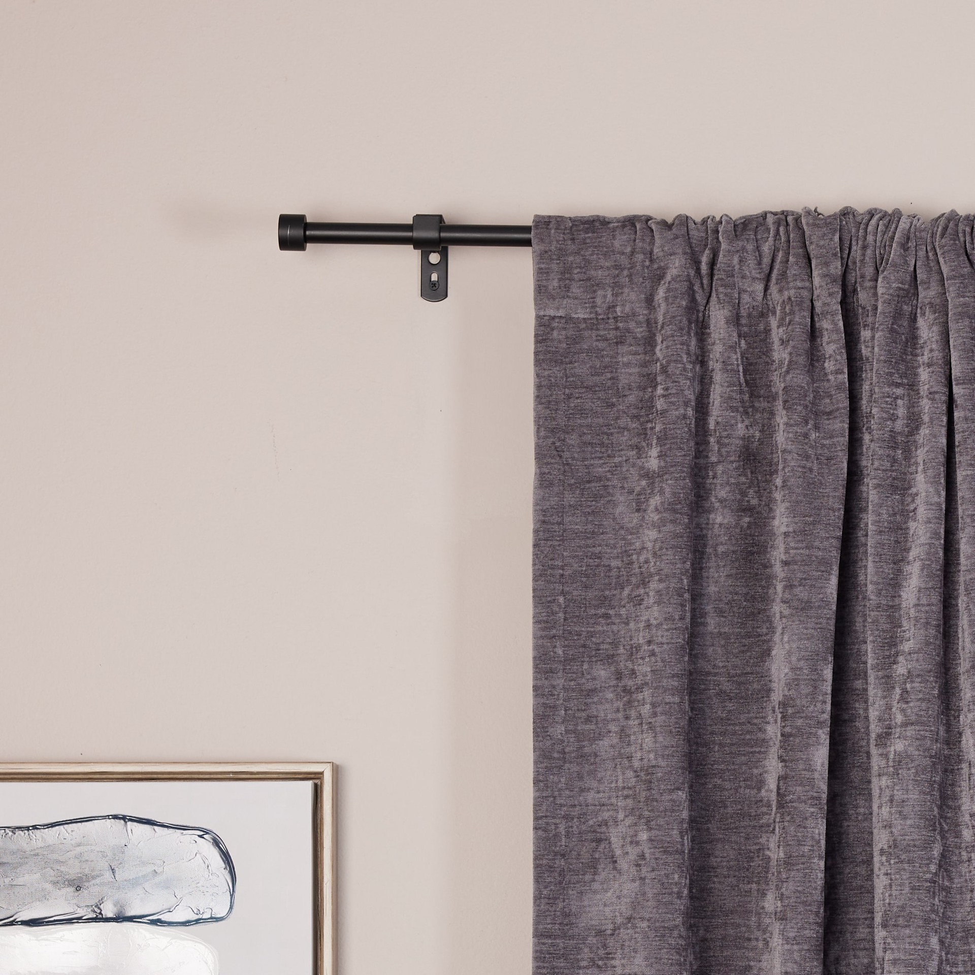 slide 6 of 6, Style Selections Lola 28-in to 48-in Matte Black Steel Single Curtain Rod with Finials, 1 ct