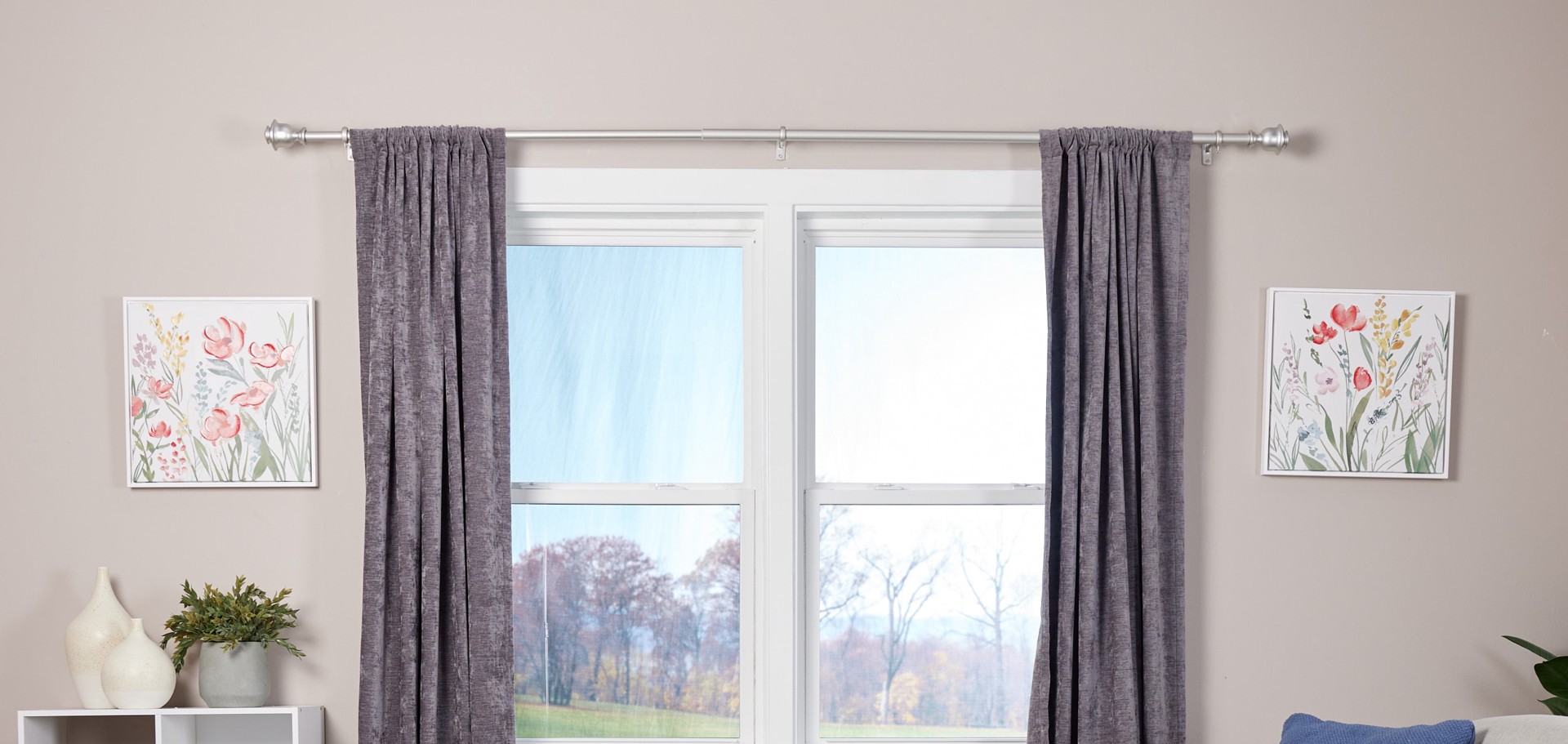 slide 5 of 6, allen + roth Kirby 72-in to 144-in Brushed Nickel Steel Single Curtain Rod with Finials, 1 ct