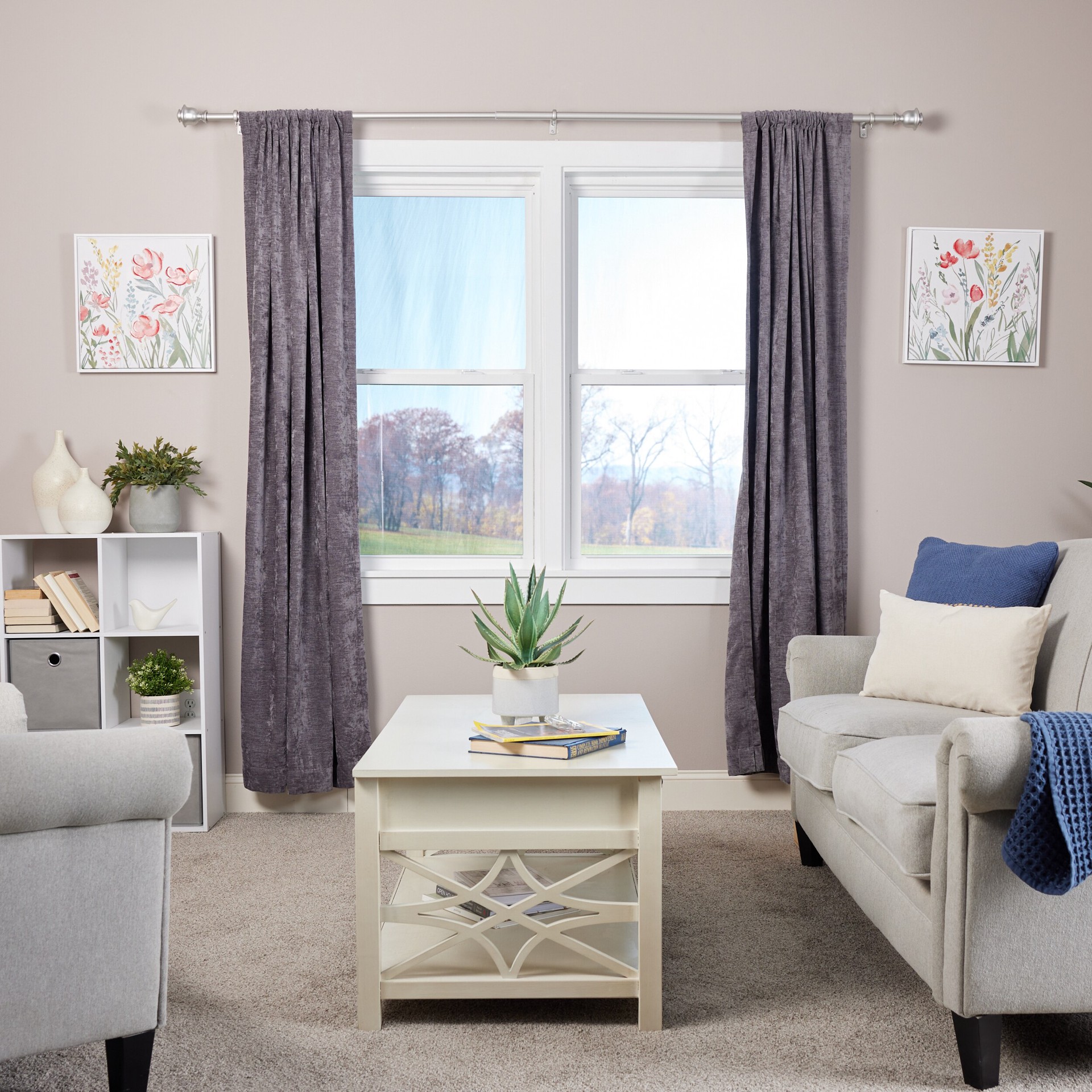 slide 6 of 6, allen + roth Kirby 72-in to 144-in Brushed Nickel Steel Single Curtain Rod with Finials, 1 ct