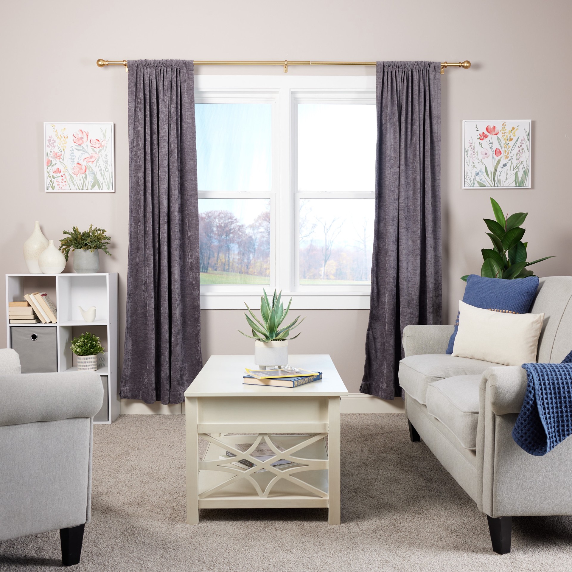 slide 6 of 6, allen + roth Wallace 72-in to 144-in Brushed Gold Steel Single Curtain Rod with Finials, 1 ct