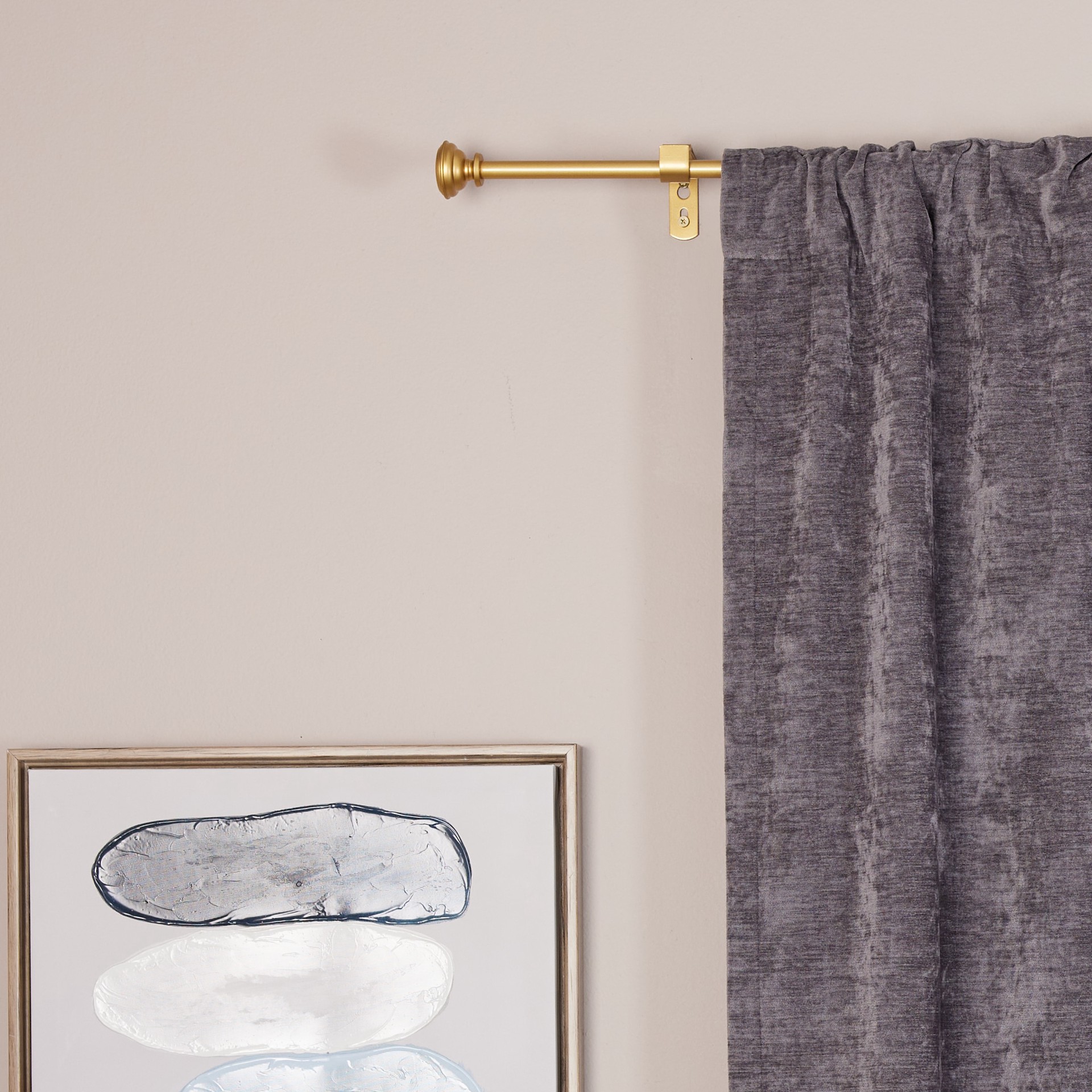 slide 6 of 6, Style Selections Sema 28-in to 48-in Brushed Gold Steel Single curtain rod with Finials, 1 ct