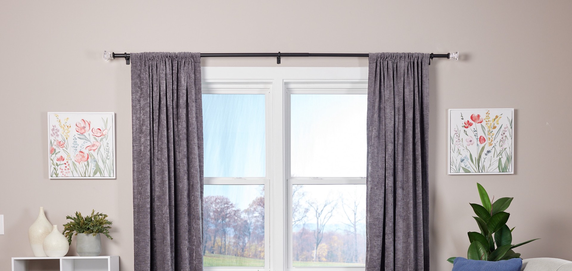 slide 5 of 6, allen + roth Bexley 72-in to 144-in Matte Black Steel Single Curtain Rod with Finials, 1 ct