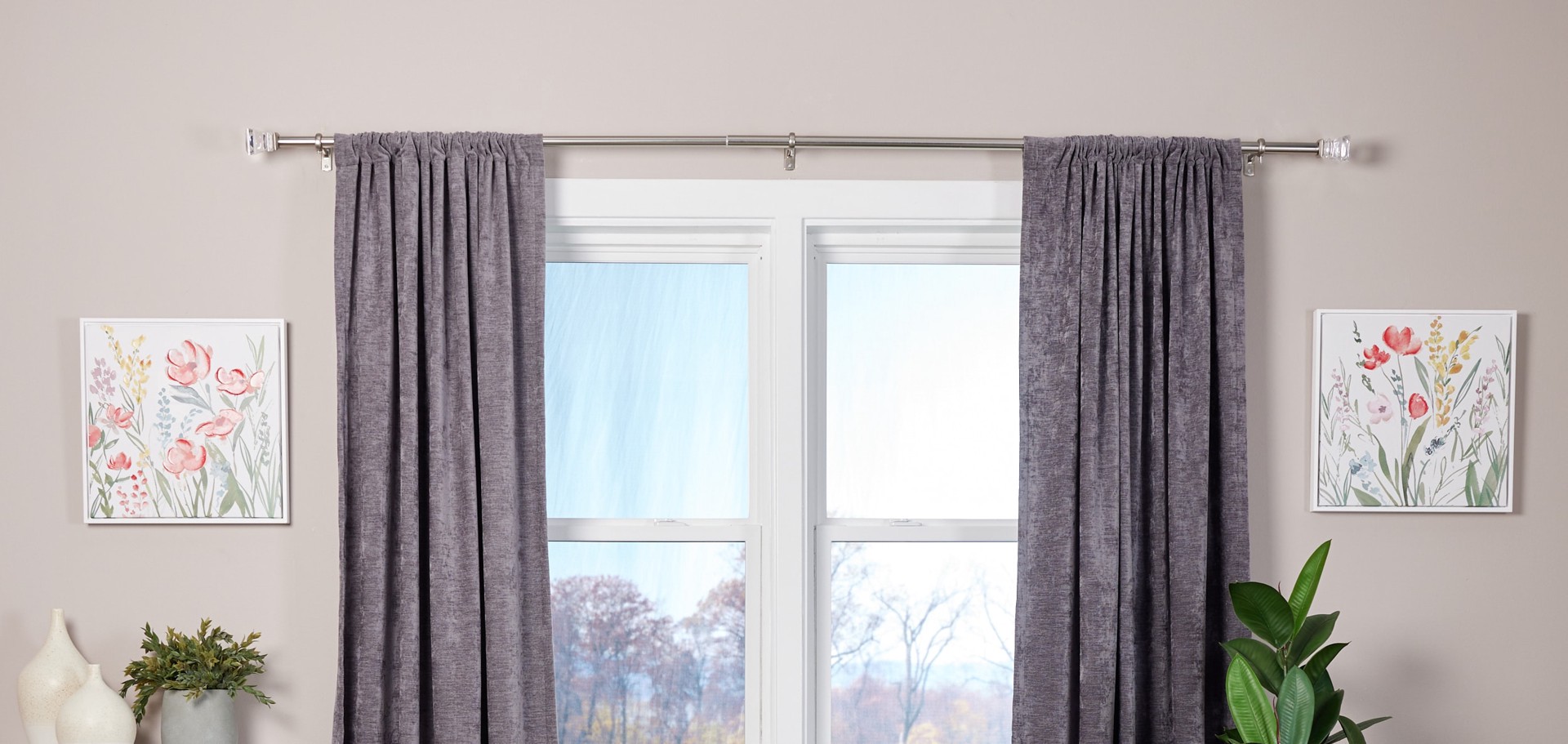 slide 5 of 6, allen + roth Bexley 36-in to 72-in Brushed Nickel Steel Single Curtain Rod with Finials, 1 ct