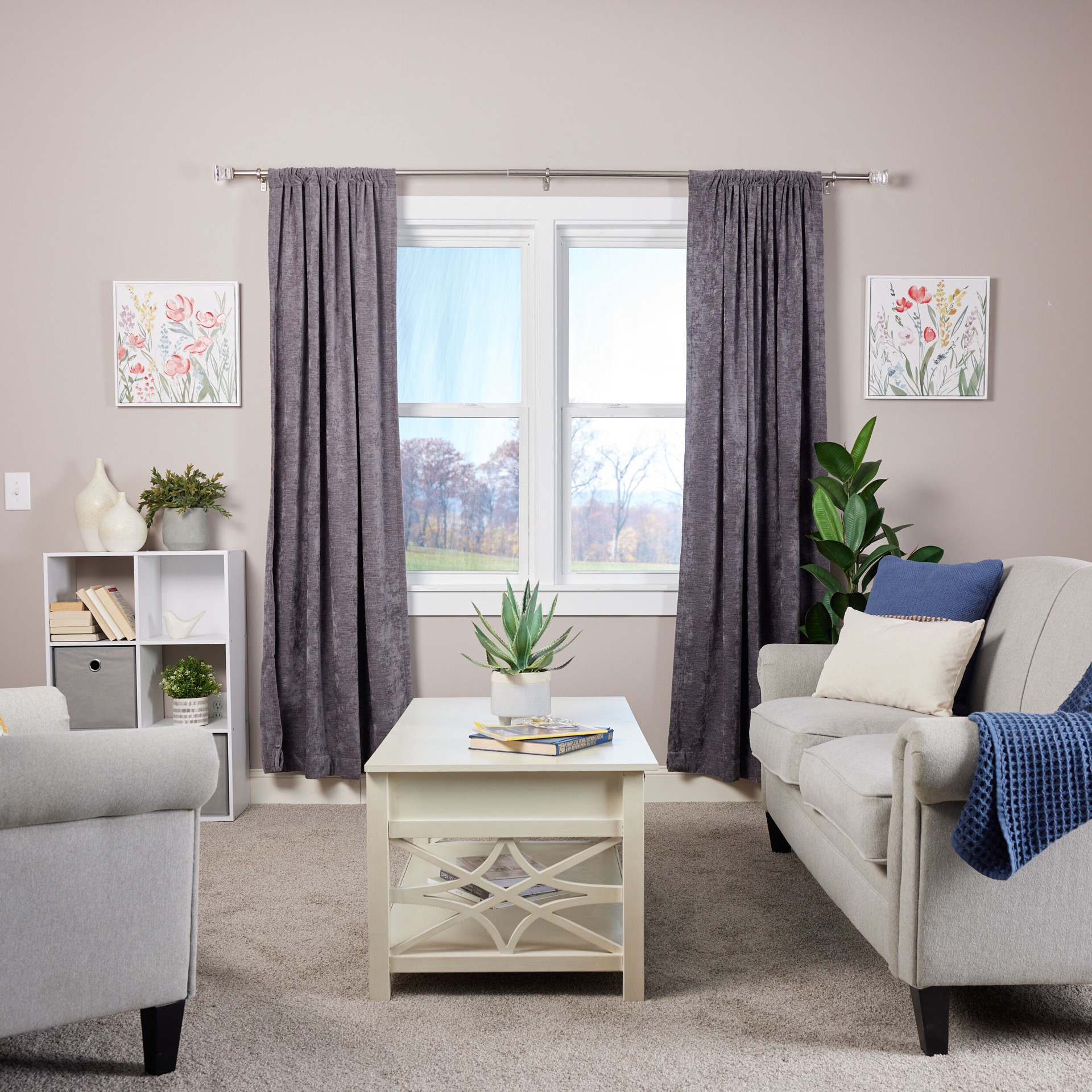 slide 6 of 6, allen + roth Bexley 36-in to 72-in Brushed Nickel Steel Single Curtain Rod with Finials, 1 ct