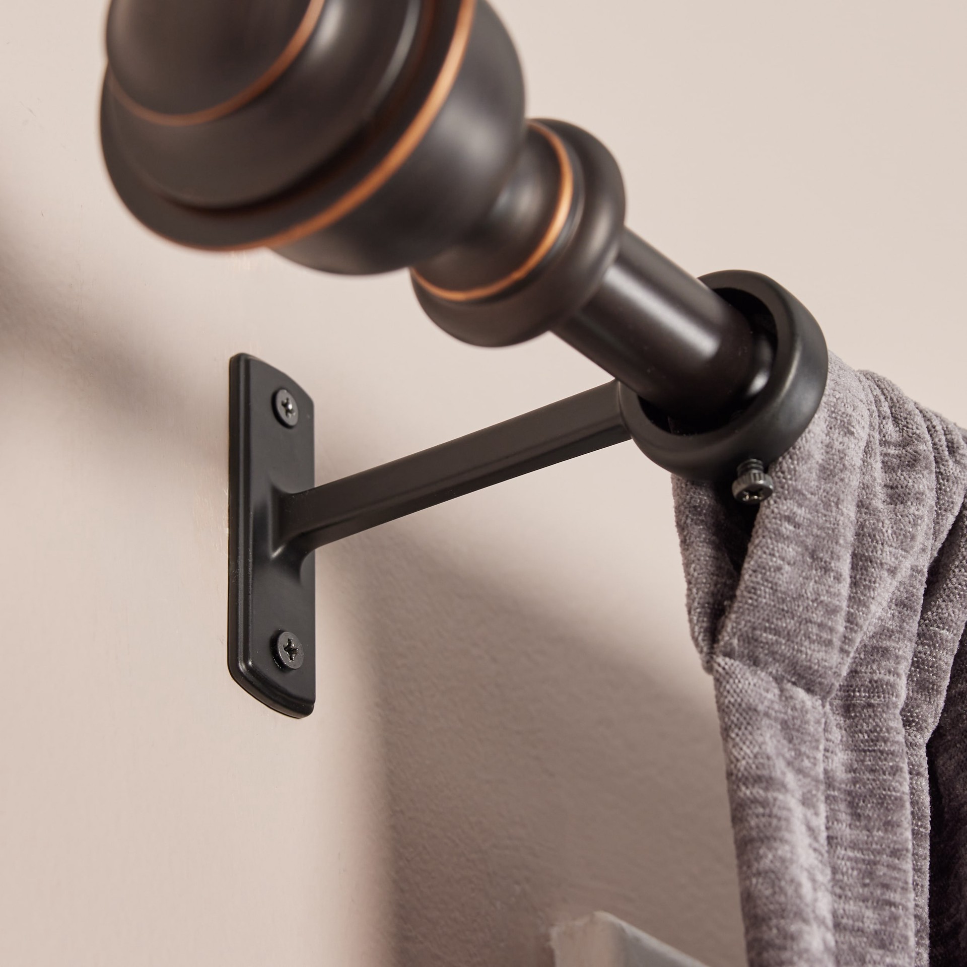 slide 3 of 6, allen + roth Kirby 36-in to 72-in Dark Oil-Rubbed Bronze Steel Single Curtain Rod with Finials, 1 ct