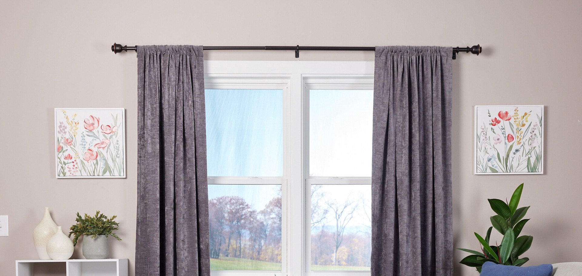 slide 5 of 6, allen + roth Kirby 36-in to 72-in Dark Oil-Rubbed Bronze Steel Single Curtain Rod with Finials, 1 ct