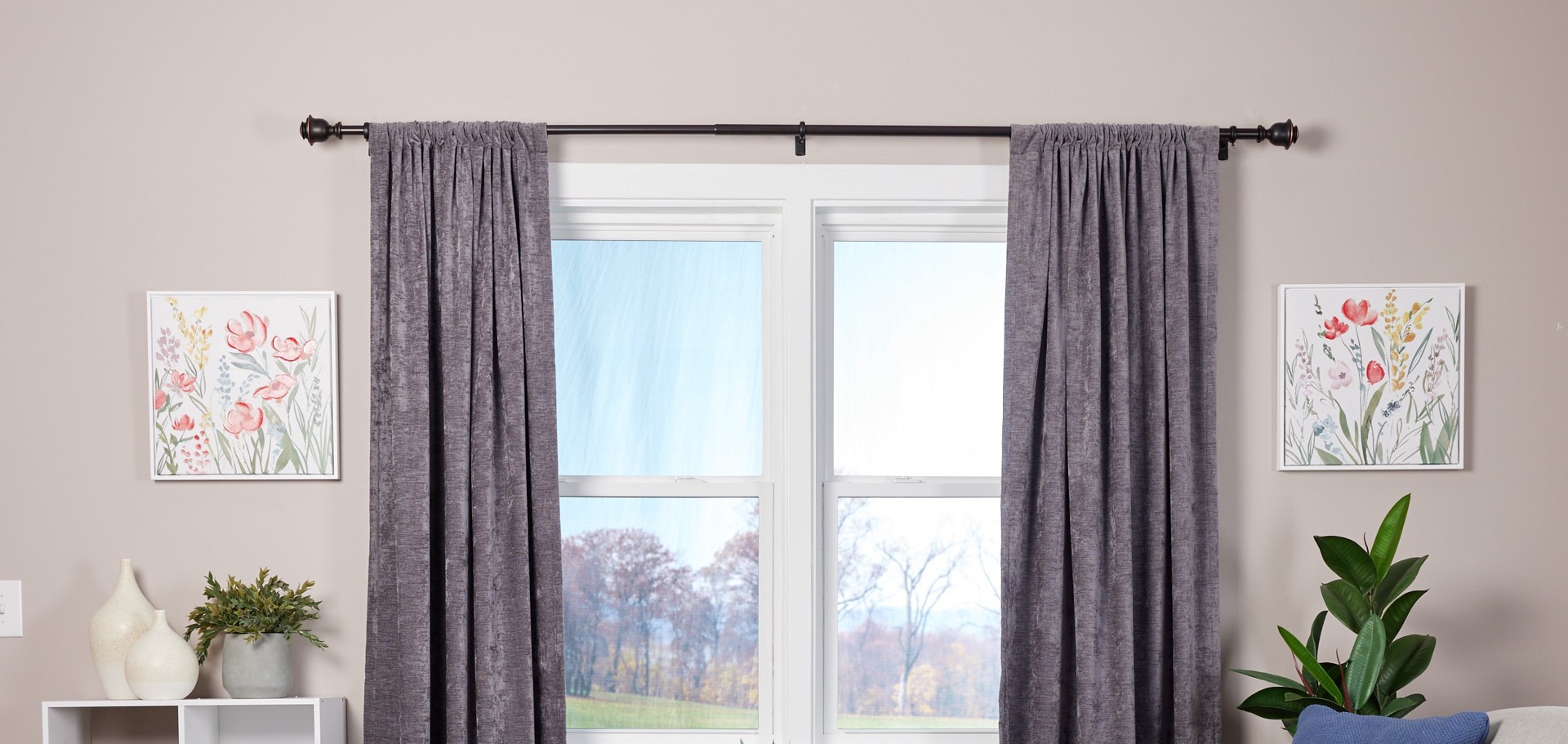 slide 5 of 6, allen + roth Kirby 72-in to 144-in Dark Oil-Rubbed Bronze Steel Single Curtain Rod with Finials, 1 ct