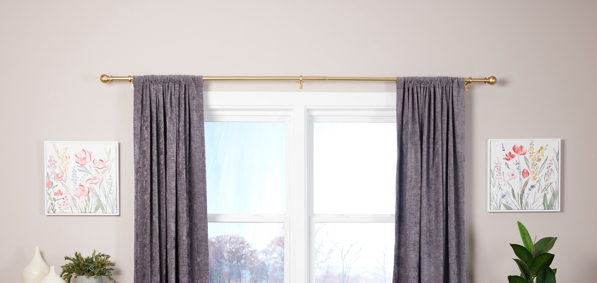 slide 5 of 6, allen + roth Wallace 36-in to 72-in Brushed Gold Steel Single Curtain Rod with Finials, 1 ct