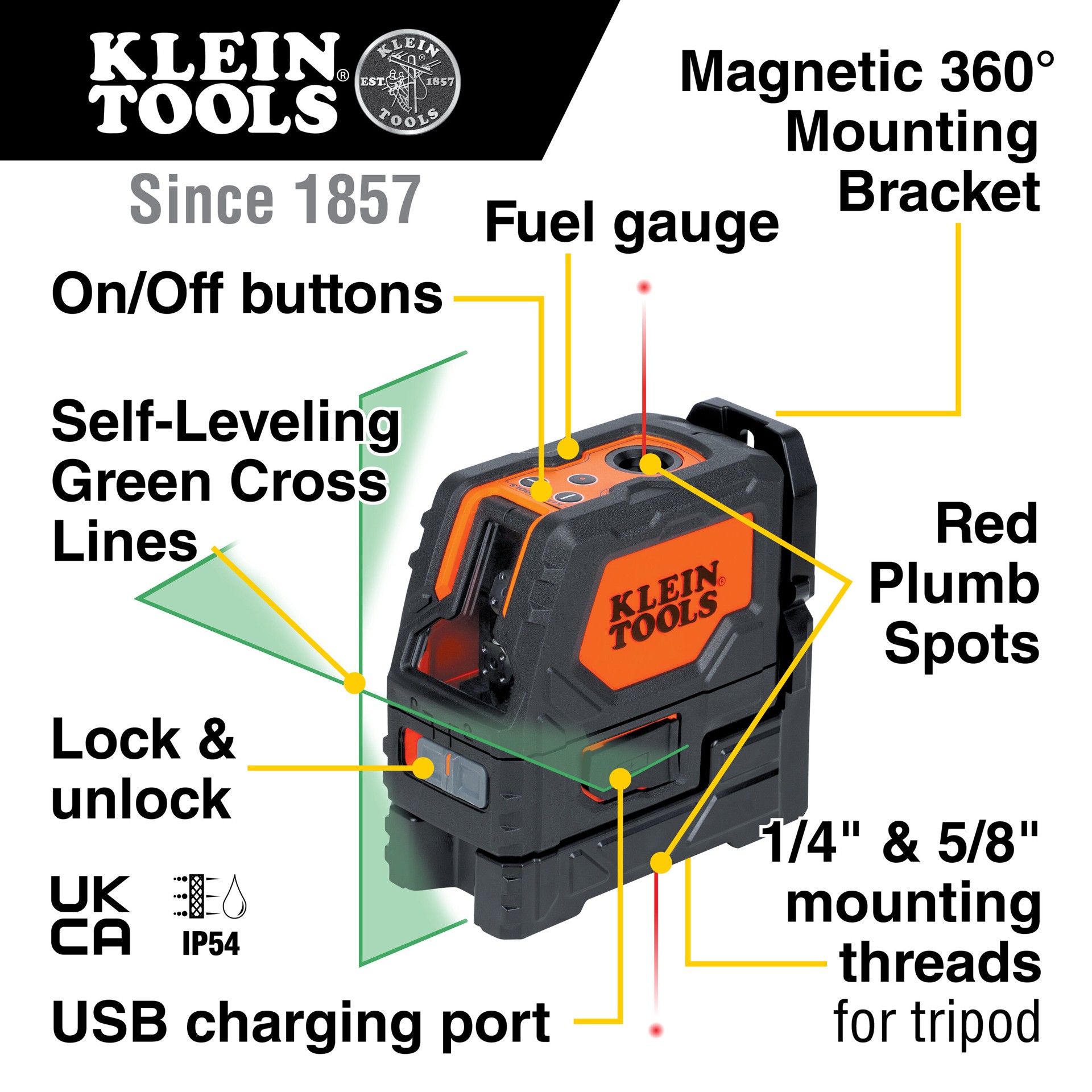 slide 2 of 6, Klein Tools Rechargeable Self-Leveling Green Cross-Line Laser Level with Red Plumb, 1 ct