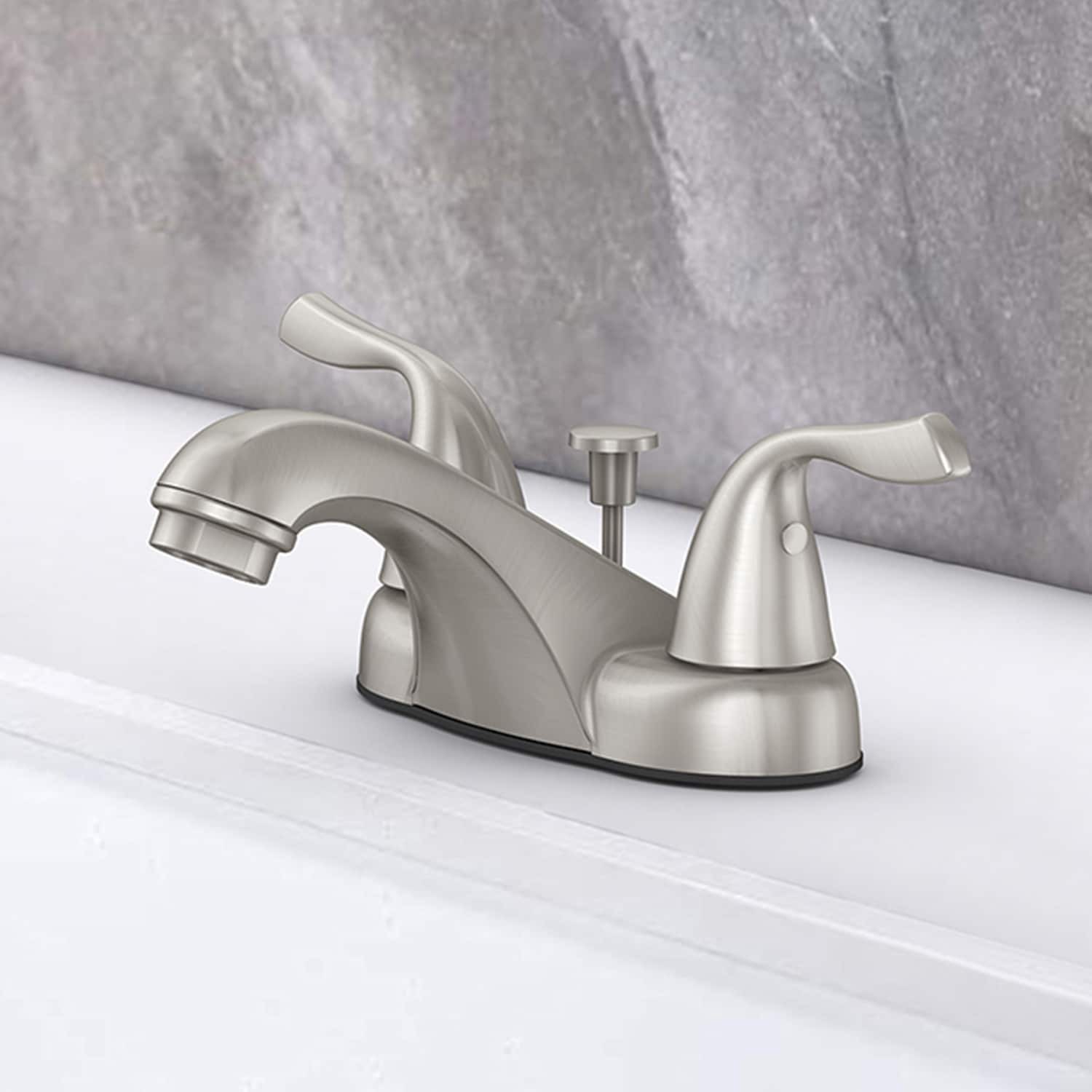 slide 5 of 6, Project Source Webber Nickel 4-in centerset 2-handle WaterSense Low-arc Commercial/Residential Handle Bathroom Sink Faucet with Drain with Deck Plate, 1 ct