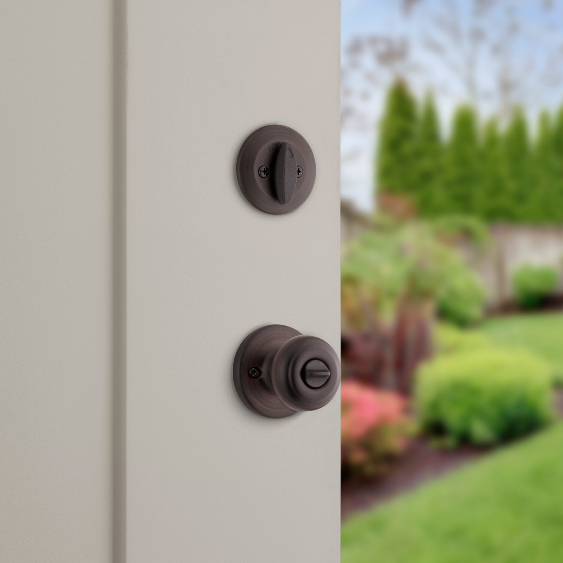 slide 3 of 6, Kwikset Cove Venetian Bronze Exterior Single-Cylinder Deadbolt and Keyed Entry Door Knob ft. SmartKey Security 2 -Pack, 1 ct