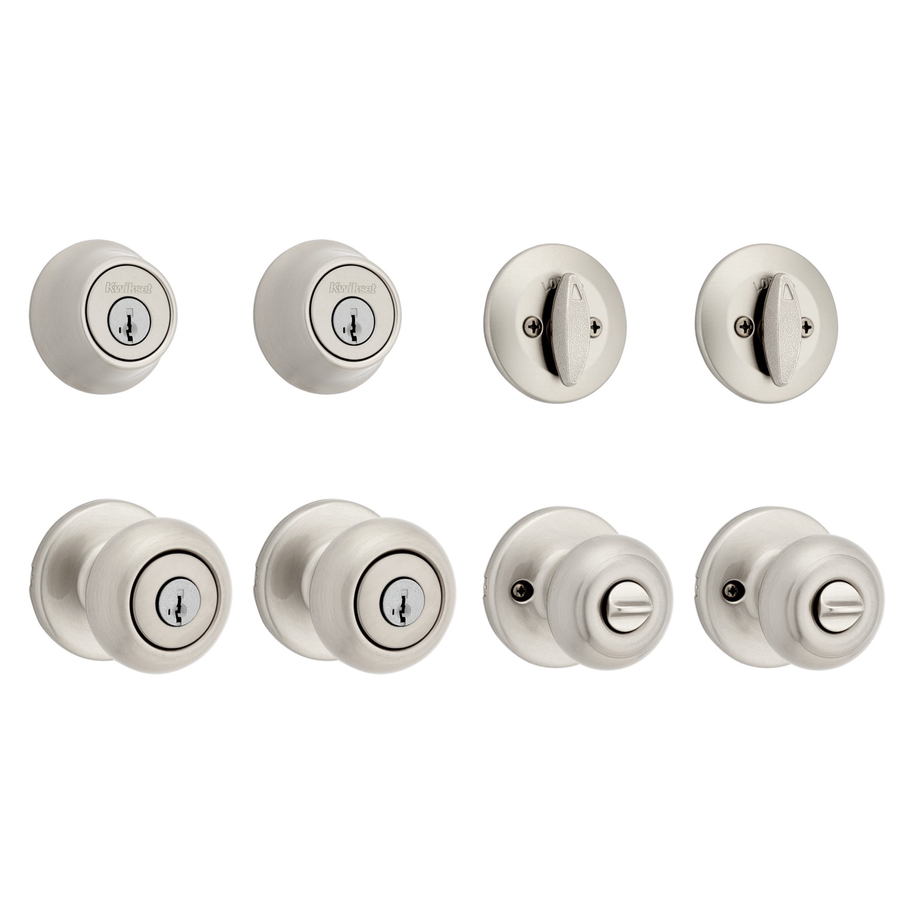 slide 1 of 6, Kwikset Cove Satin Nickel Exterior Single-Cylinder Deadbolt and Keyed Entry Door Knob ft. SmartKey Security 2 -Pack, 1 ct