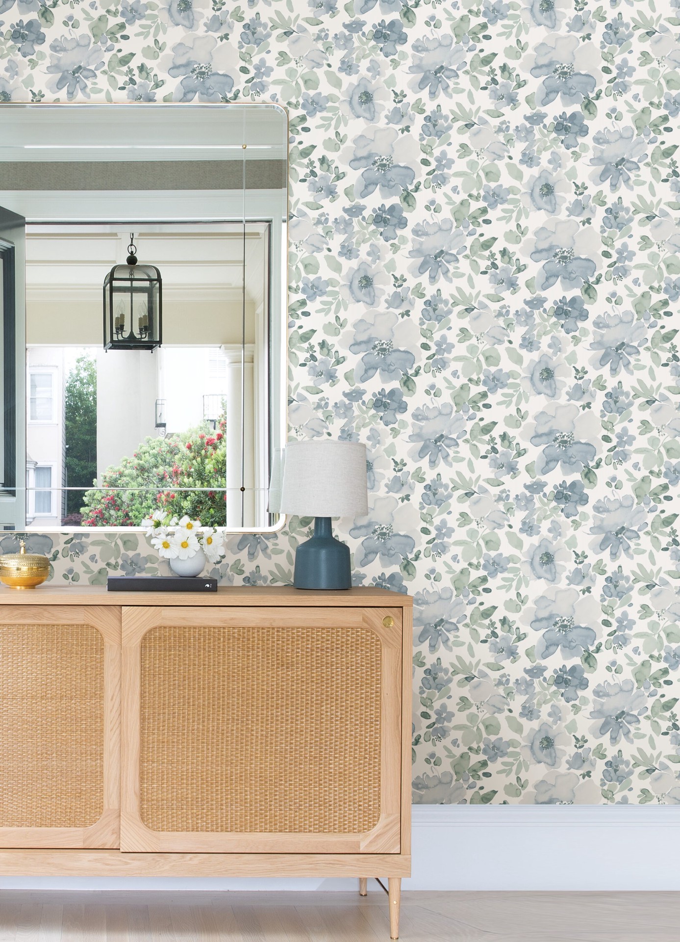 slide 6 of 6, allen + roth 30.75-sq ft Blue Vinyl Floral Self-adhesive Peel and Stick Wallpaper, 1 ct