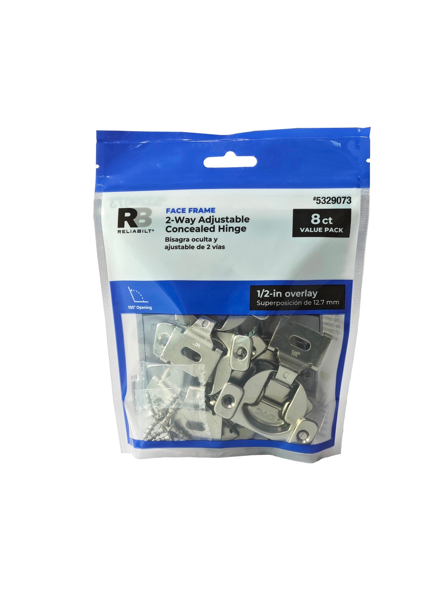 slide 5 of 6, RELIABILT 105-Degree 1/2-in Overlay Concealed Self-Closing Nickel plated Cabinet Hinge, 4 Pair(s) 8 -Pieces, 1 ct