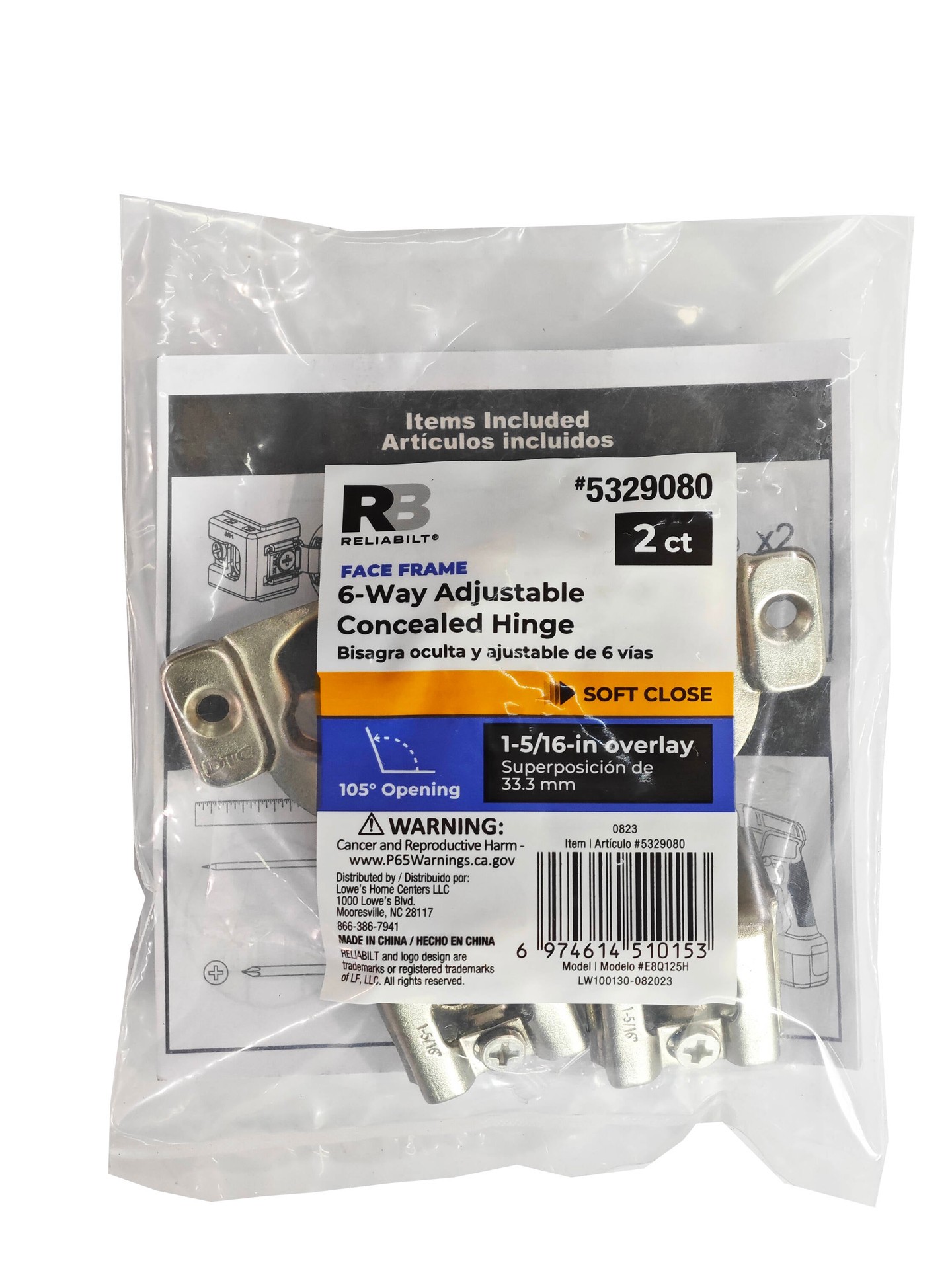 slide 5 of 6, RELIABILT 105-Degree 1-5/16-in Overlay Concealed Soft-Close Nickel plated Cabinet Hinge, 1 Pair(s) 2 -Pieces, 1 ct