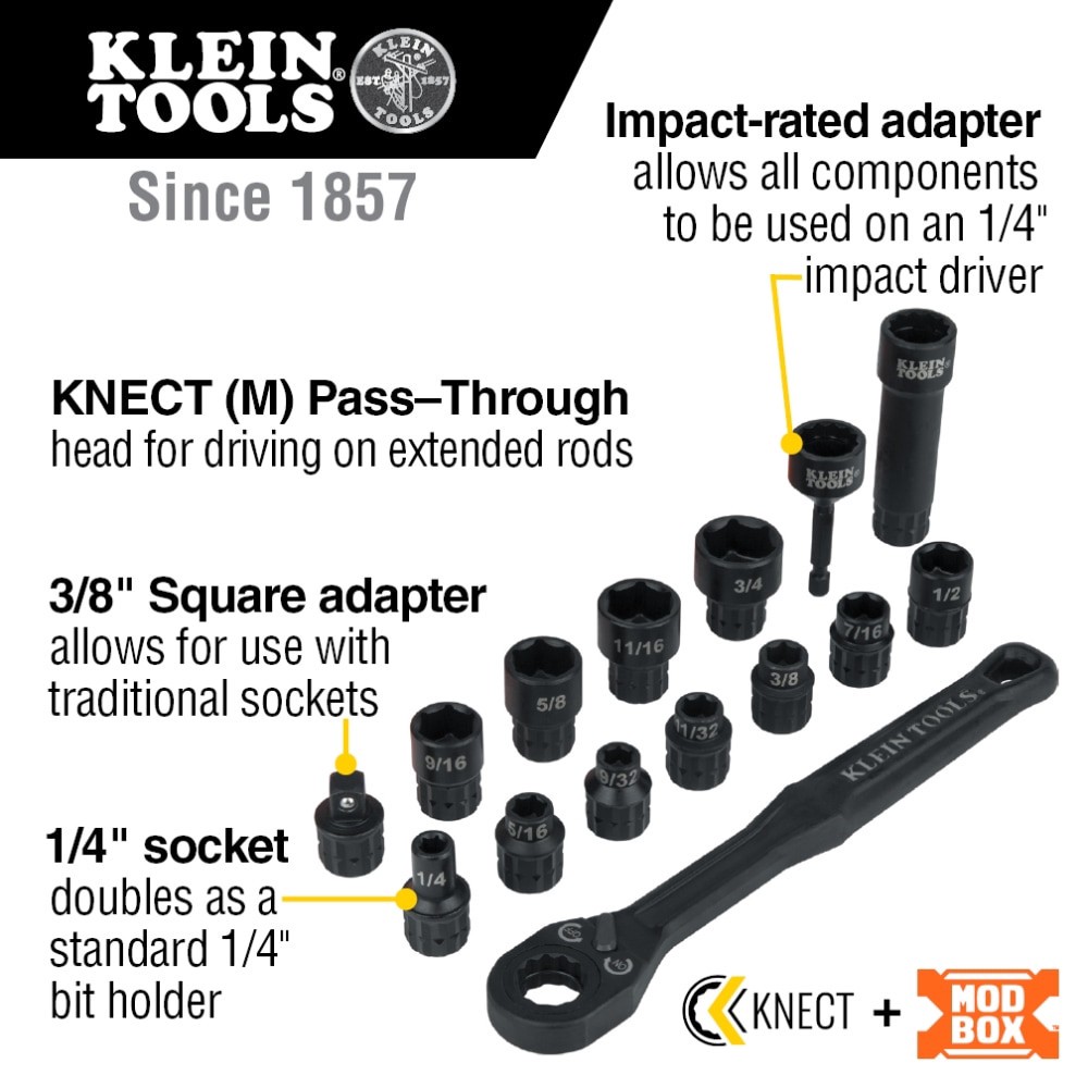 slide 2 of 6, Klein Tools KNECT 3/8-Inch Drive Impact-Rated Pass Through Socket Set, 15-Piece, 1 ct