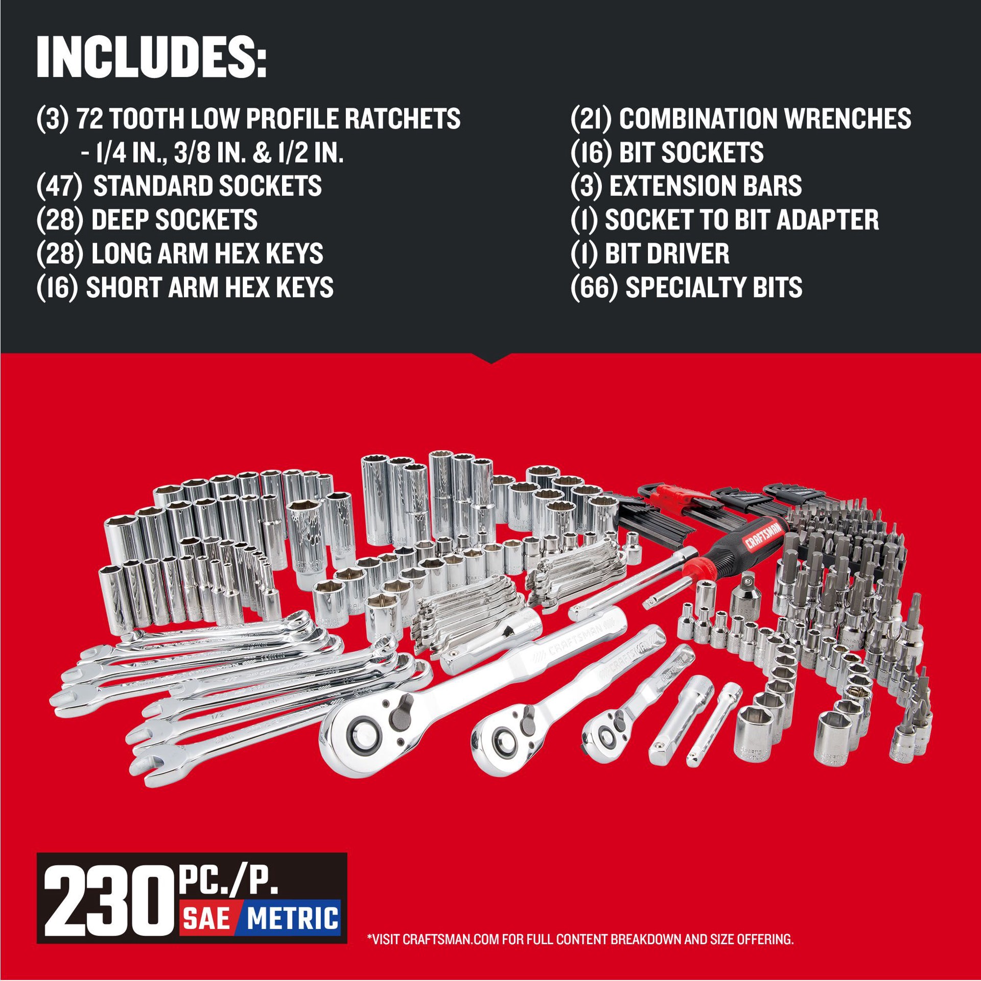 slide 2 of 6, CRAFTSMAN VERSASTACK 230 -Piece Metric and standard (SAE) Mechanics Tool Set with Hard Case, 1 ct