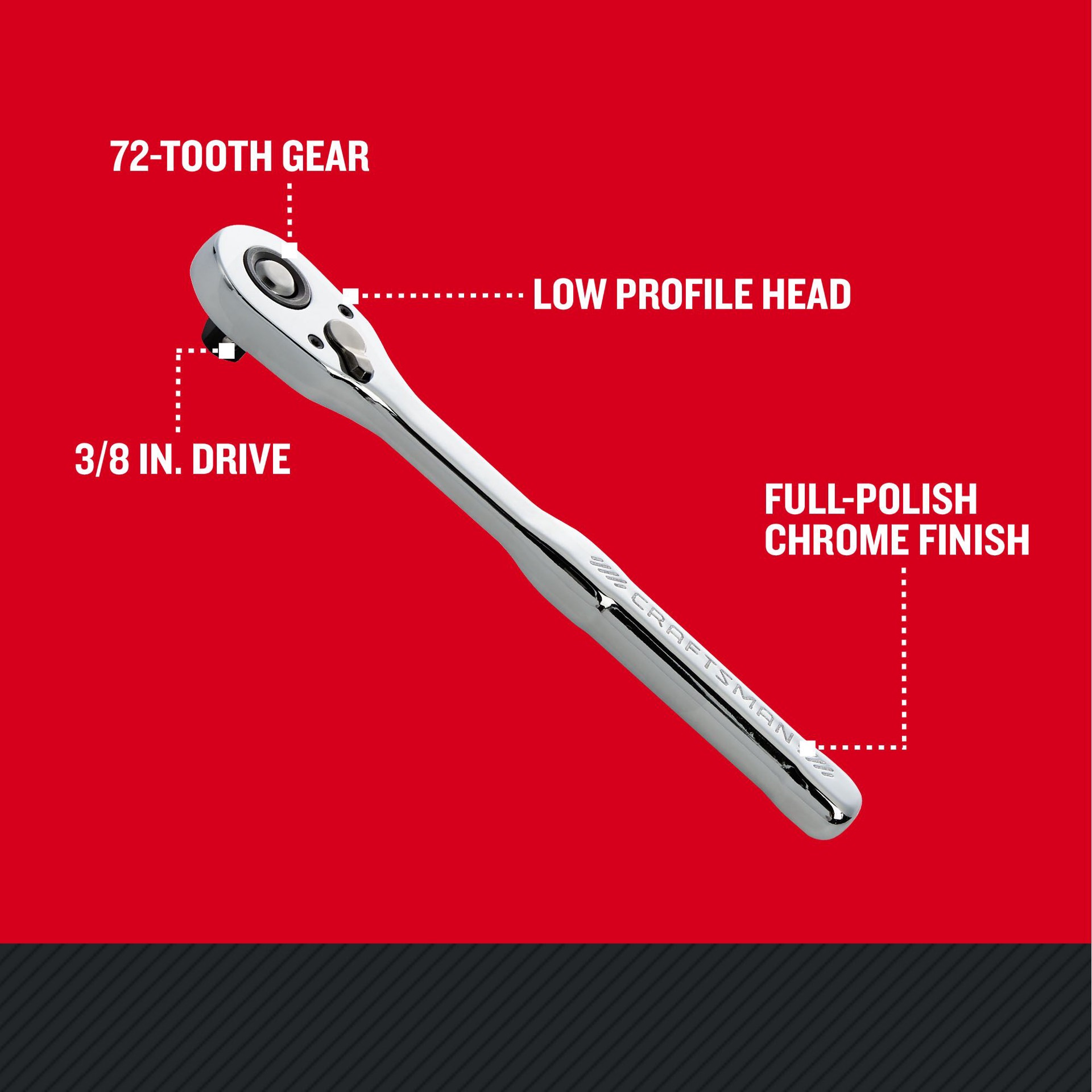 slide 2 of 6, CRAFTSMAN 72 -Tooth 3/8-in Drive Full polish Handle Ratchet, 1 ct
