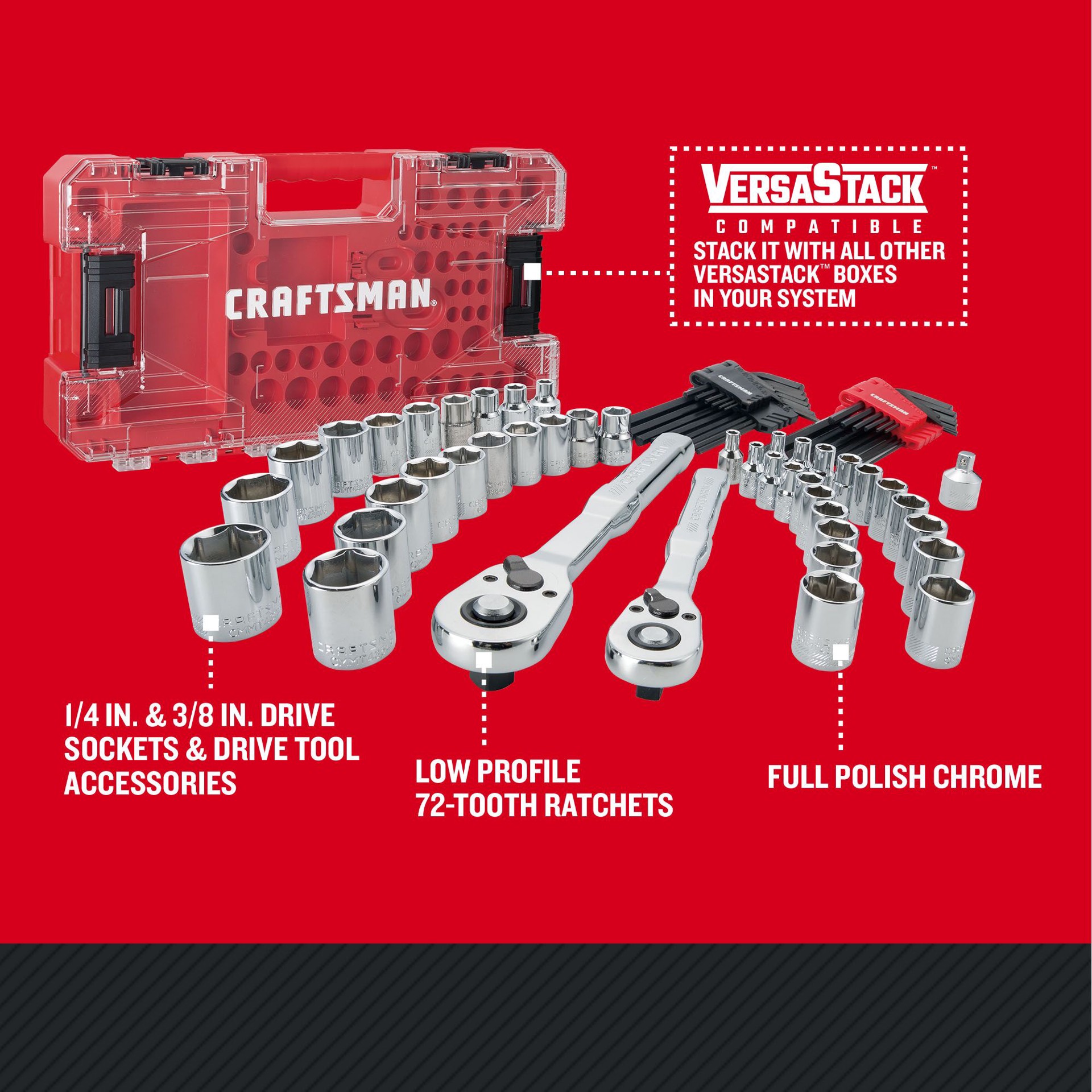 slide 3 of 6, CRAFTSMAN VERSASTACK 71 -Piece Metric and standard (SAE) Mechanics Tool Set with Hard Case, 1 ct