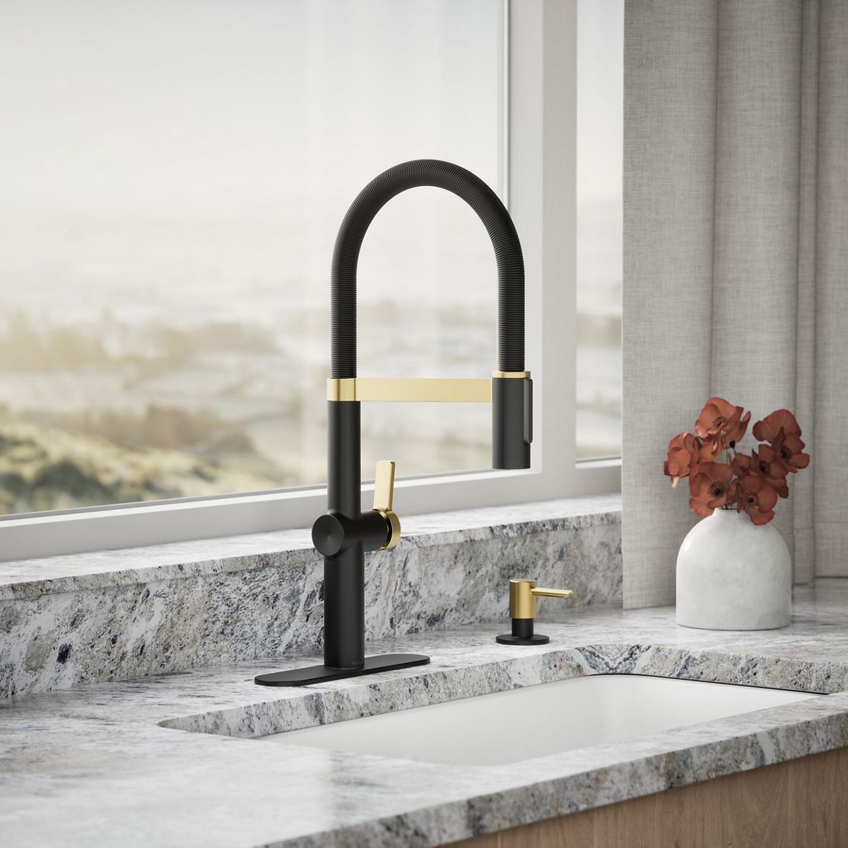 slide 2 of 6, KOHLER Koi Pre-Rinse Spring Matte Black w/Moderne Brass Single Handle Deck-mount Pull-down Kitchen Faucet with Sprayer (Includes Deck Plate) (Includes Soap Dispenser), 1 ct