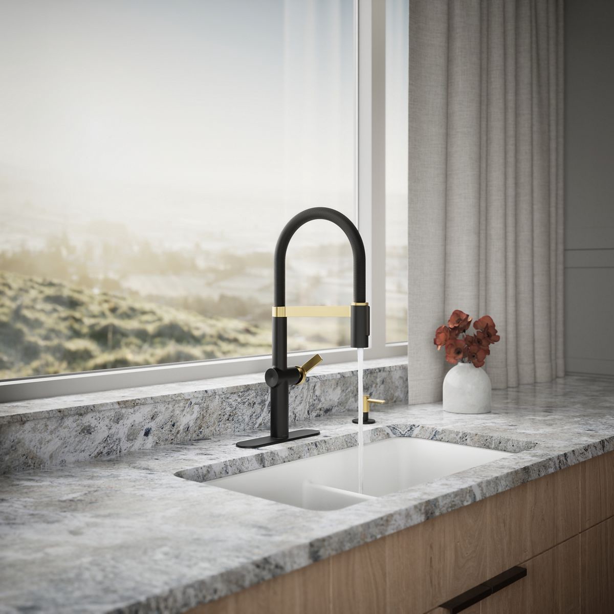 slide 4 of 6, KOHLER Koi Pre-Rinse Spring Matte Black w/Moderne Brass Single Handle Deck-mount Pull-down Kitchen Faucet with Sprayer (Includes Deck Plate) (Includes Soap Dispenser), 1 ct