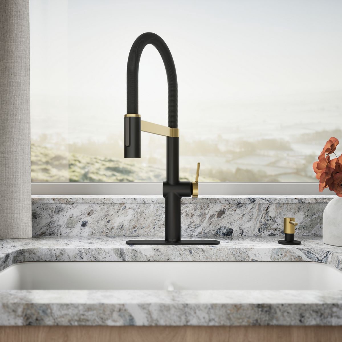 slide 5 of 6, KOHLER Koi Pre-Rinse Spring Matte Black w/Moderne Brass Single Handle Deck-mount Pull-down Kitchen Faucet with Sprayer (Includes Deck Plate) (Includes Soap Dispenser), 1 ct
