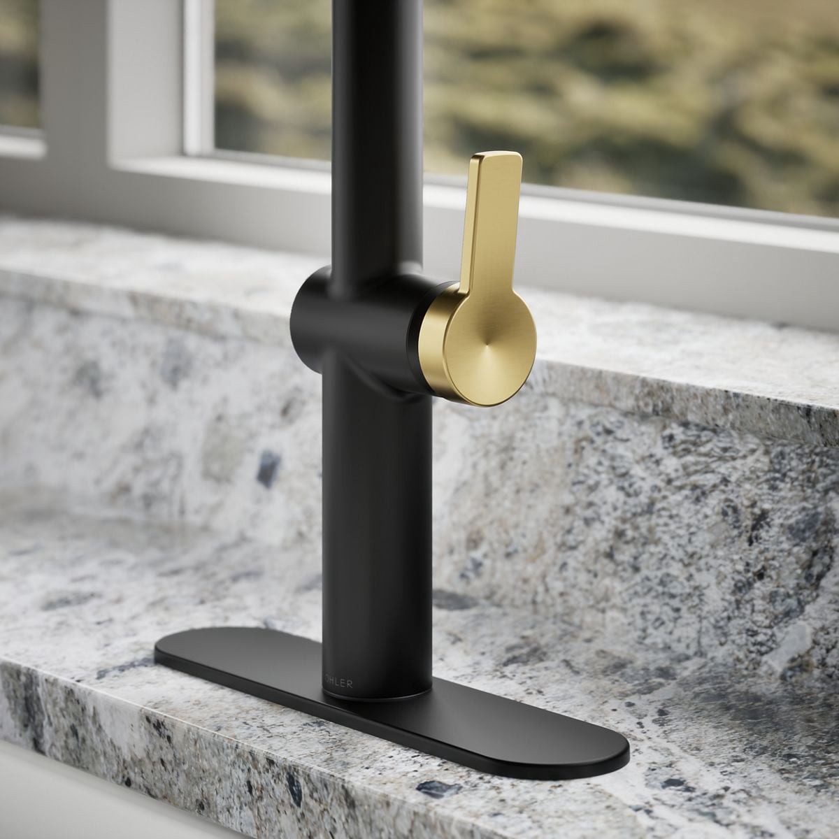 slide 6 of 6, KOHLER Koi Pre-Rinse Spring Matte Black w/Moderne Brass Single Handle Deck-mount Pull-down Kitchen Faucet with Sprayer (Includes Deck Plate) (Includes Soap Dispenser), 1 ct