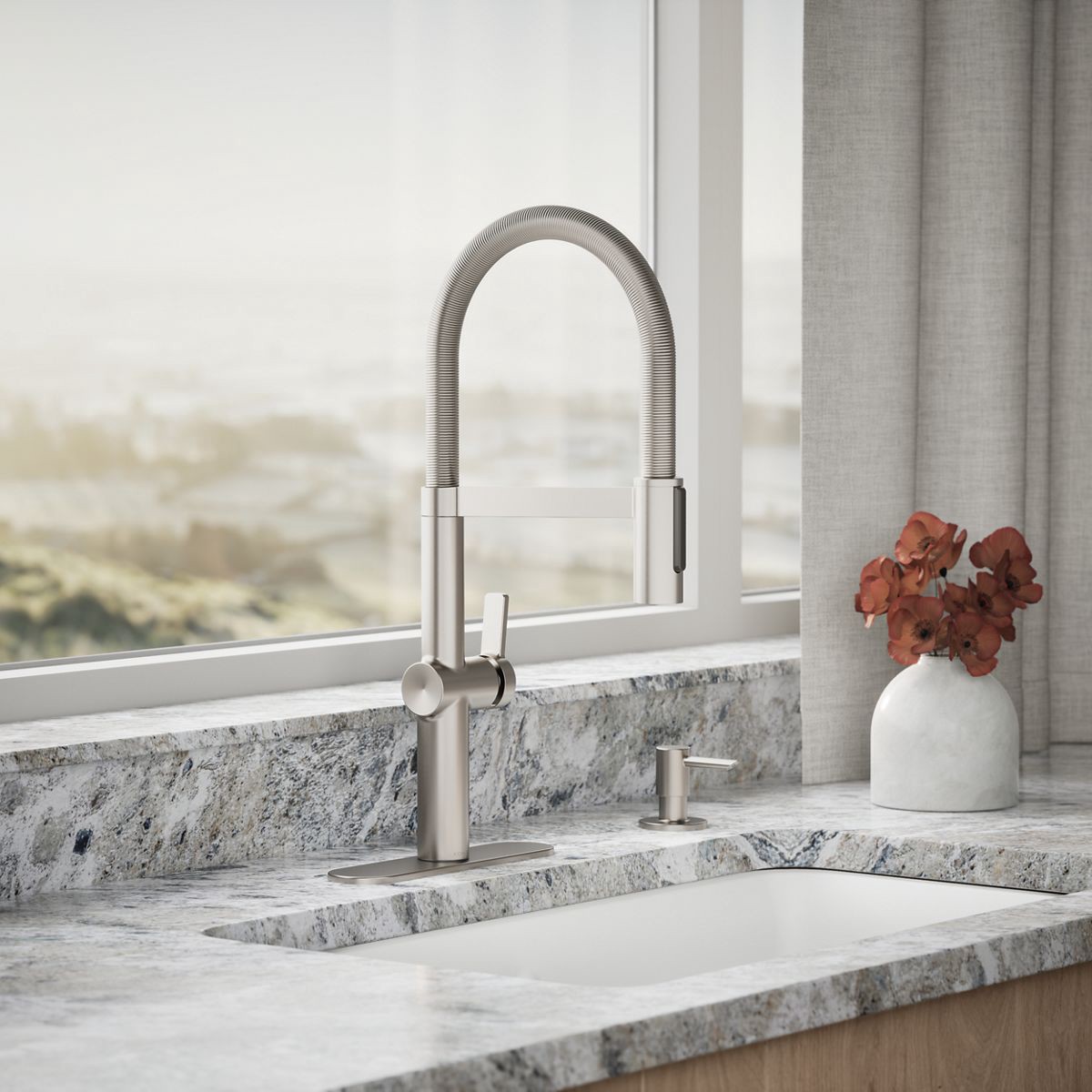 slide 2 of 6, KOHLER Koi Pre-Rinse Spring Vibrant Stainless Single Handle Deck-mount Pull-down Kitchen Faucet with Sprayer (Includes Deck Plate) (Includes Soap Dispenser), 1 ct