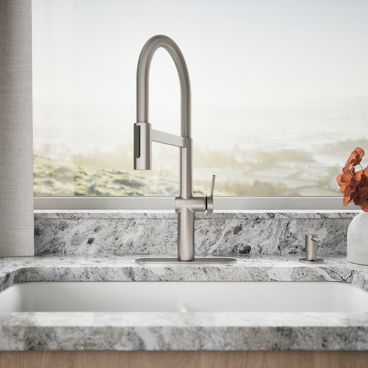 slide 5 of 6, KOHLER Koi Pre-Rinse Spring Vibrant Stainless Single Handle Deck-mount Pull-down Kitchen Faucet with Sprayer (Includes Deck Plate) (Includes Soap Dispenser), 1 ct