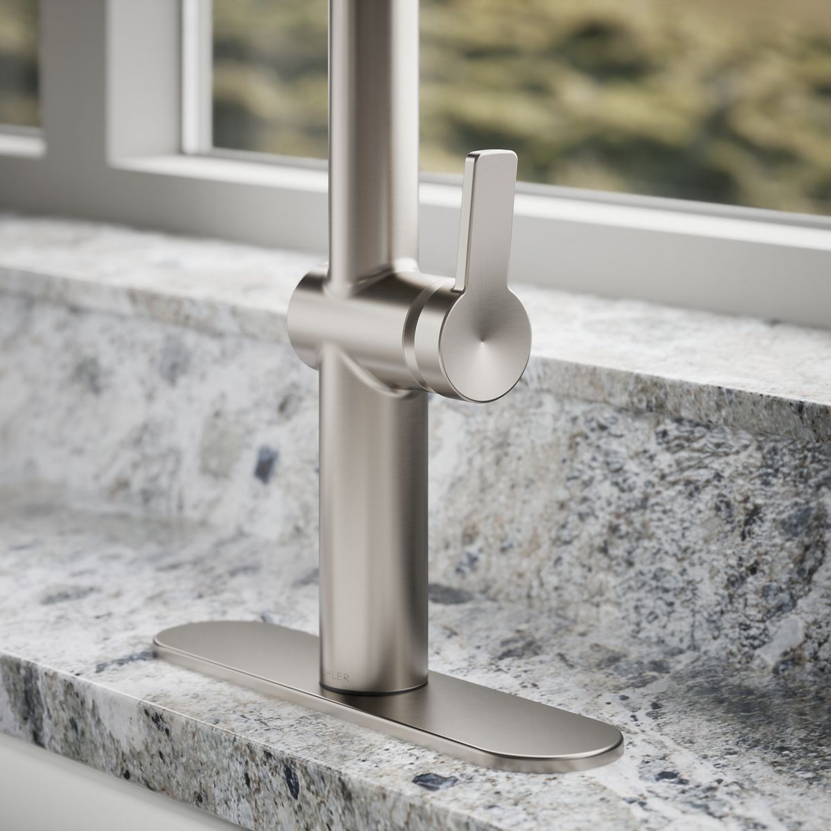 slide 6 of 6, KOHLER Koi Pre-Rinse Spring Vibrant Stainless Single Handle Deck-mount Pull-down Kitchen Faucet with Sprayer (Includes Deck Plate) (Includes Soap Dispenser), 1 ct