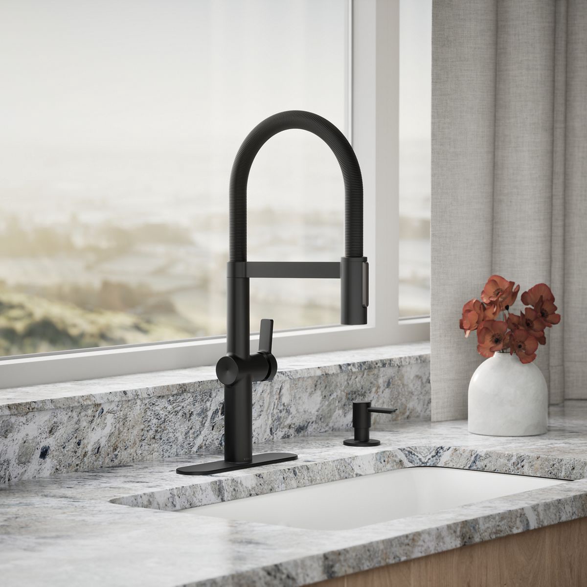 slide 2 of 6, KOHLER Koi Pre-Rinse Spring Matte Black Single Handle Deck-mount Pull-down Kitchen Faucet with Sprayer (Includes Deck Plate) (Includes Soap Dispenser), 1 ct