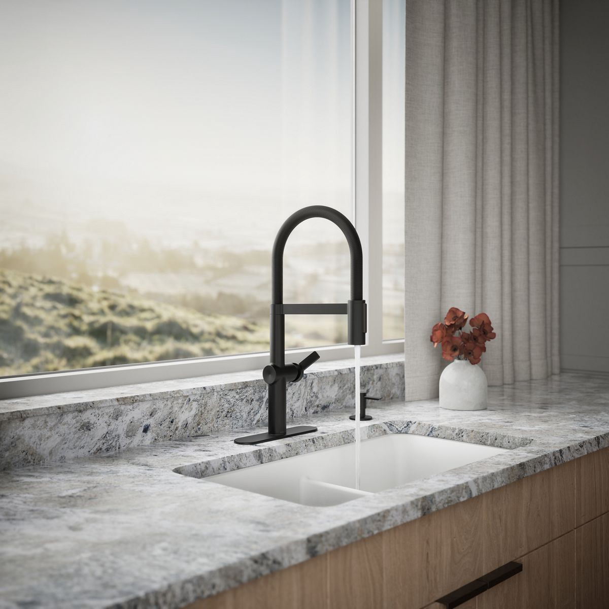 slide 4 of 6, KOHLER Koi Pre-Rinse Spring Matte Black Single Handle Deck-mount Pull-down Kitchen Faucet with Sprayer (Includes Deck Plate) (Includes Soap Dispenser), 1 ct