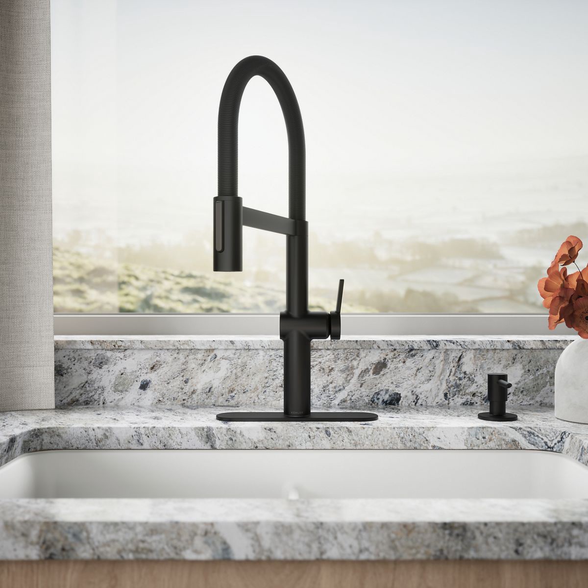 slide 5 of 6, KOHLER Koi Pre-Rinse Spring Matte Black Single Handle Deck-mount Pull-down Kitchen Faucet with Sprayer (Includes Deck Plate) (Includes Soap Dispenser), 1 ct