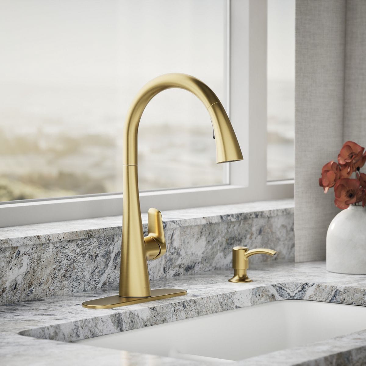 slide 2 of 6, KOHLER Anessia Vibrant Brushed Moderne Brass Single Handle Deck-mount Pull-down Kitchen Faucet with Sprayer (Includes Deck Plate) (Includes Soap Dispenser), 1 ct