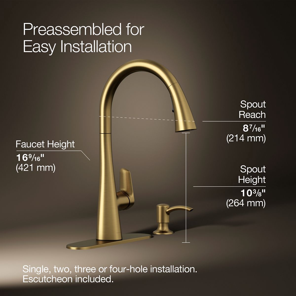slide 3 of 6, KOHLER Anessia Vibrant Brushed Moderne Brass Single Handle Deck-mount Pull-down Kitchen Faucet with Sprayer (Includes Deck Plate) (Includes Soap Dispenser), 1 ct