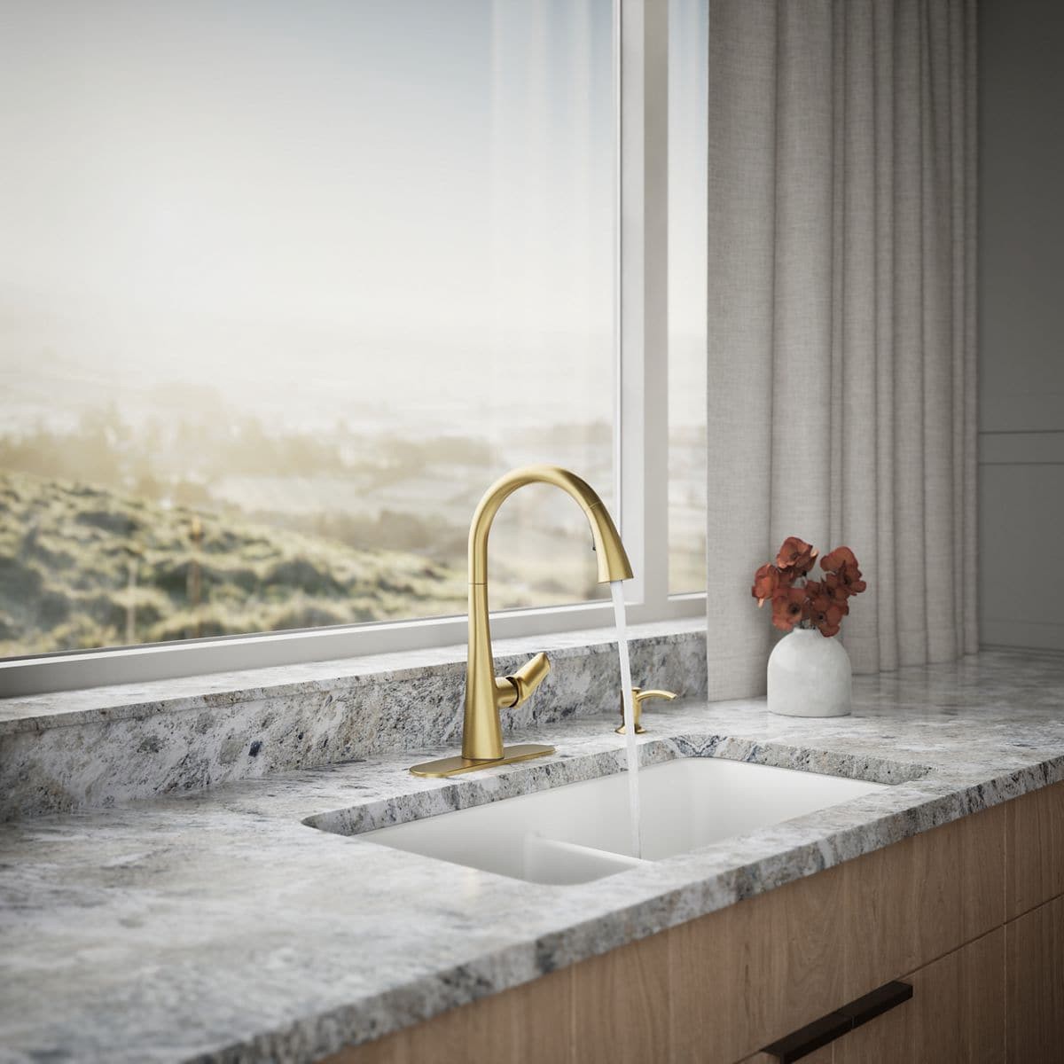 slide 4 of 6, KOHLER Anessia Vibrant Brushed Moderne Brass Single Handle Deck-mount Pull-down Kitchen Faucet with Sprayer (Includes Deck Plate) (Includes Soap Dispenser), 1 ct
