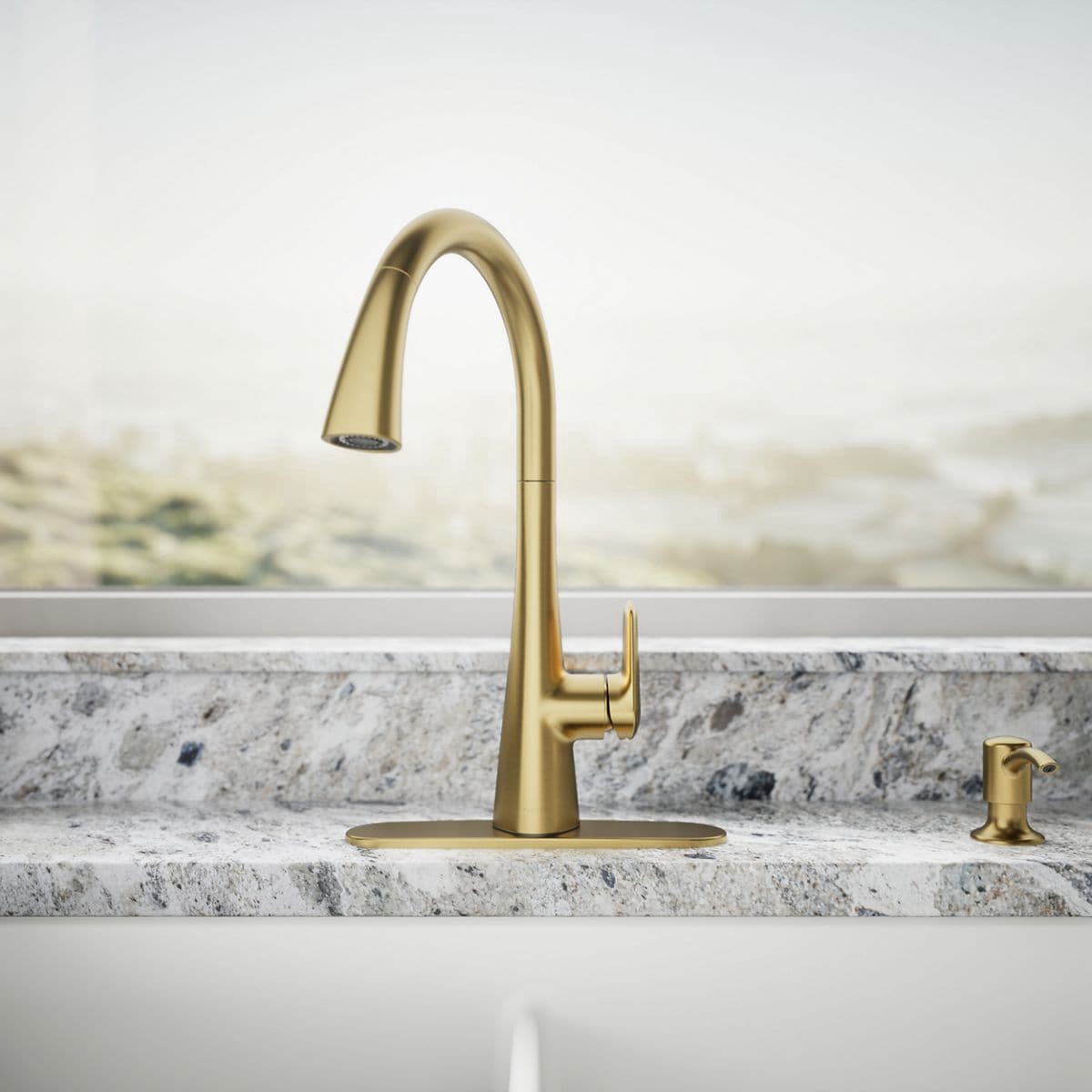 slide 5 of 6, KOHLER Anessia Vibrant Brushed Moderne Brass Single Handle Deck-mount Pull-down Kitchen Faucet with Sprayer (Includes Deck Plate) (Includes Soap Dispenser), 1 ct