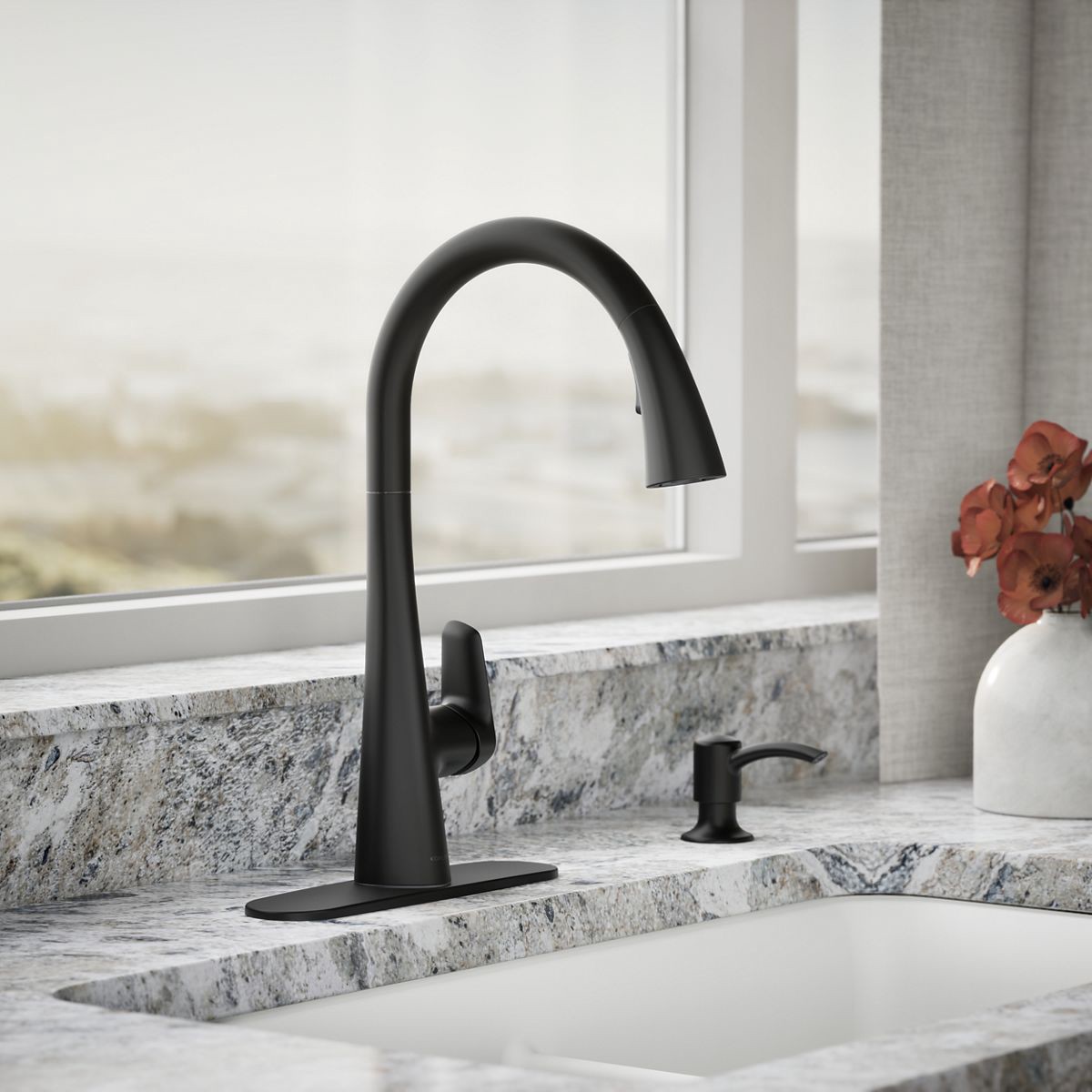 slide 2 of 6, KOHLER Anessia Matte Black Double Handle Deck-mount Pull-down Kitchen Faucet with Sprayer (Includes Deck Plate) (Includes Soap Dispenser), 1 ct