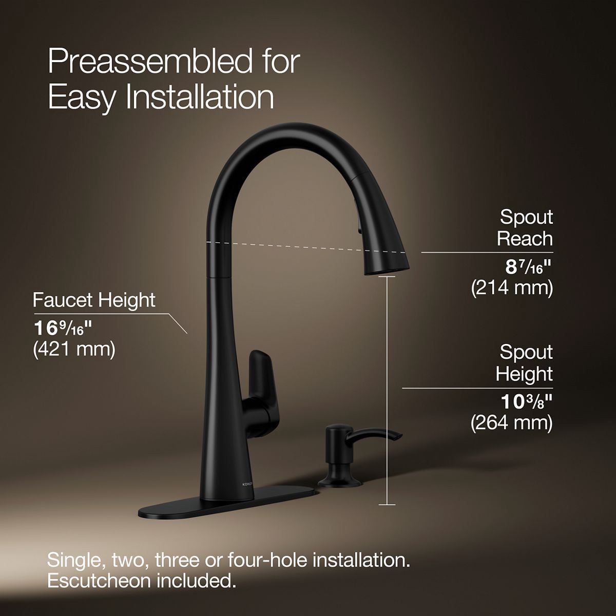 slide 3 of 6, KOHLER Anessia Matte Black Double Handle Deck-mount Pull-down Kitchen Faucet with Sprayer (Includes Deck Plate) (Includes Soap Dispenser), 1 ct