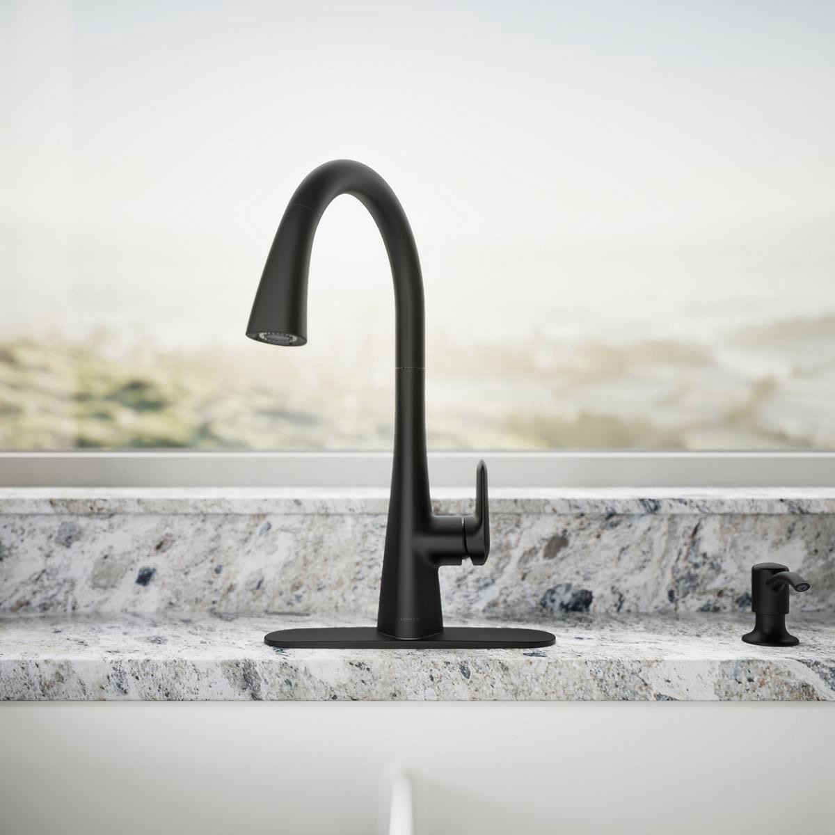 slide 5 of 6, KOHLER Anessia Matte Black Double Handle Deck-mount Pull-down Kitchen Faucet with Sprayer (Includes Deck Plate) (Includes Soap Dispenser), 1 ct