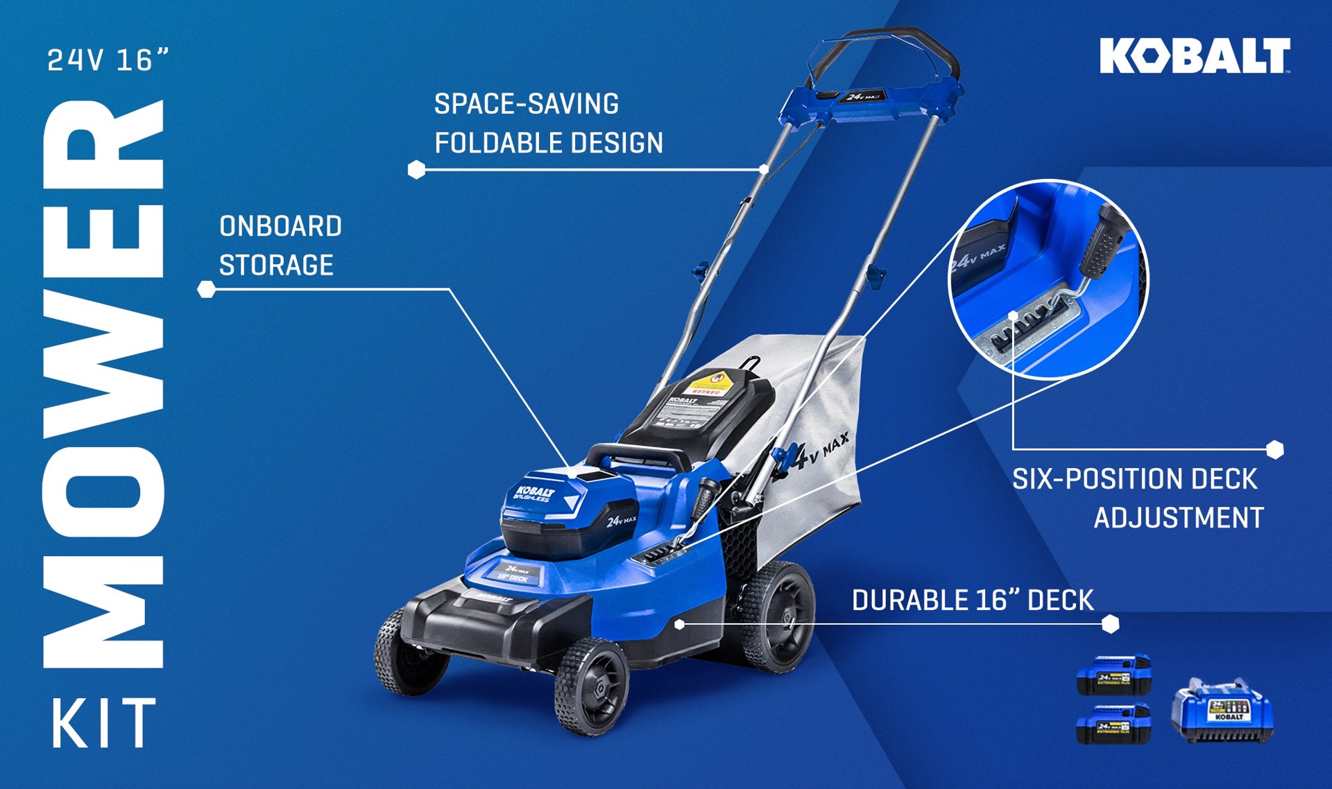 slide 2 of 6, Kobalt 24-volt, 16-in Push Battery Walk Mower with (2) 4 Ah Battery Included, 1 ct