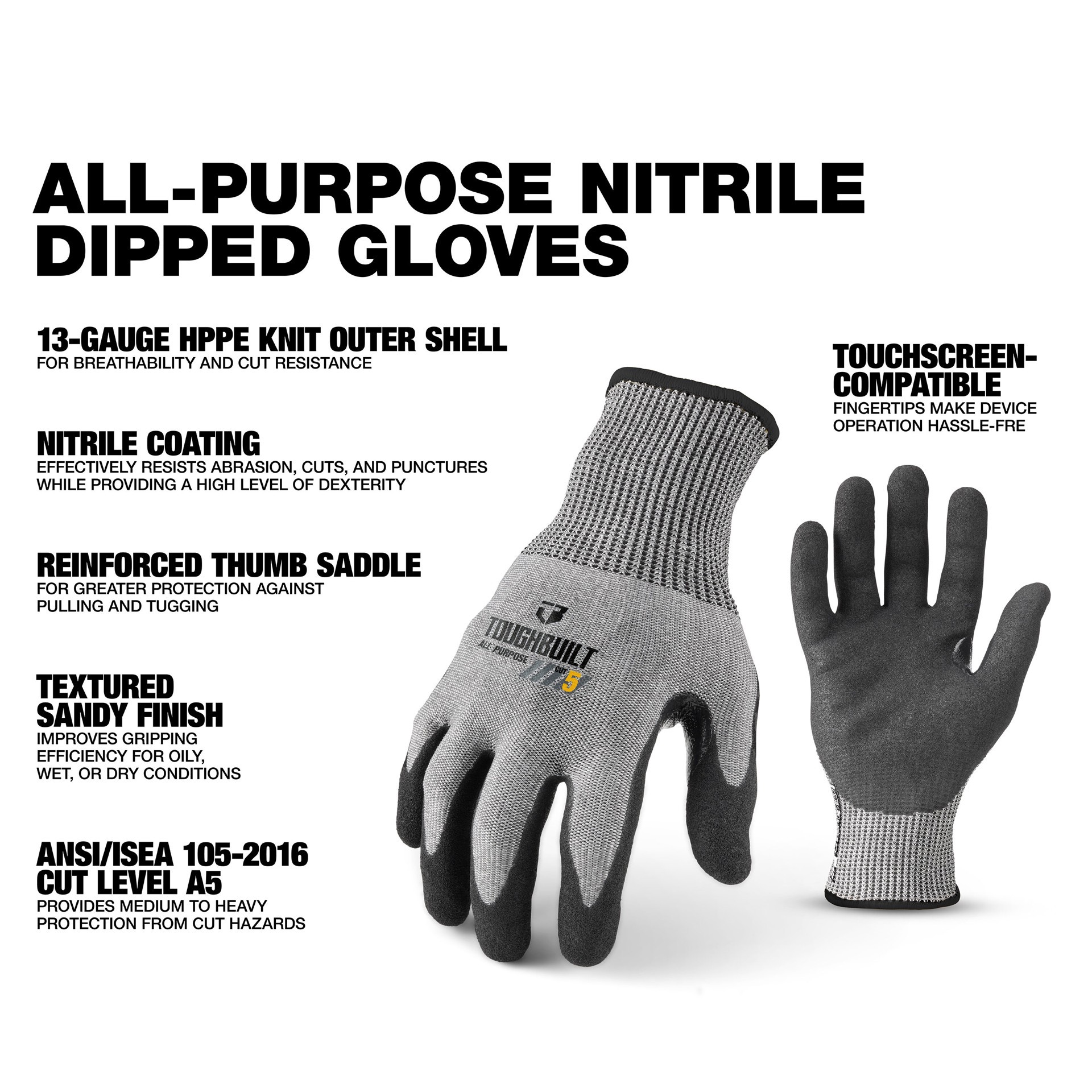 slide 2 of 6, TOUGHBUILT X-large Gray Nitrile dipped HPPE Construction Gloves 1 -Pairs, 1 ct