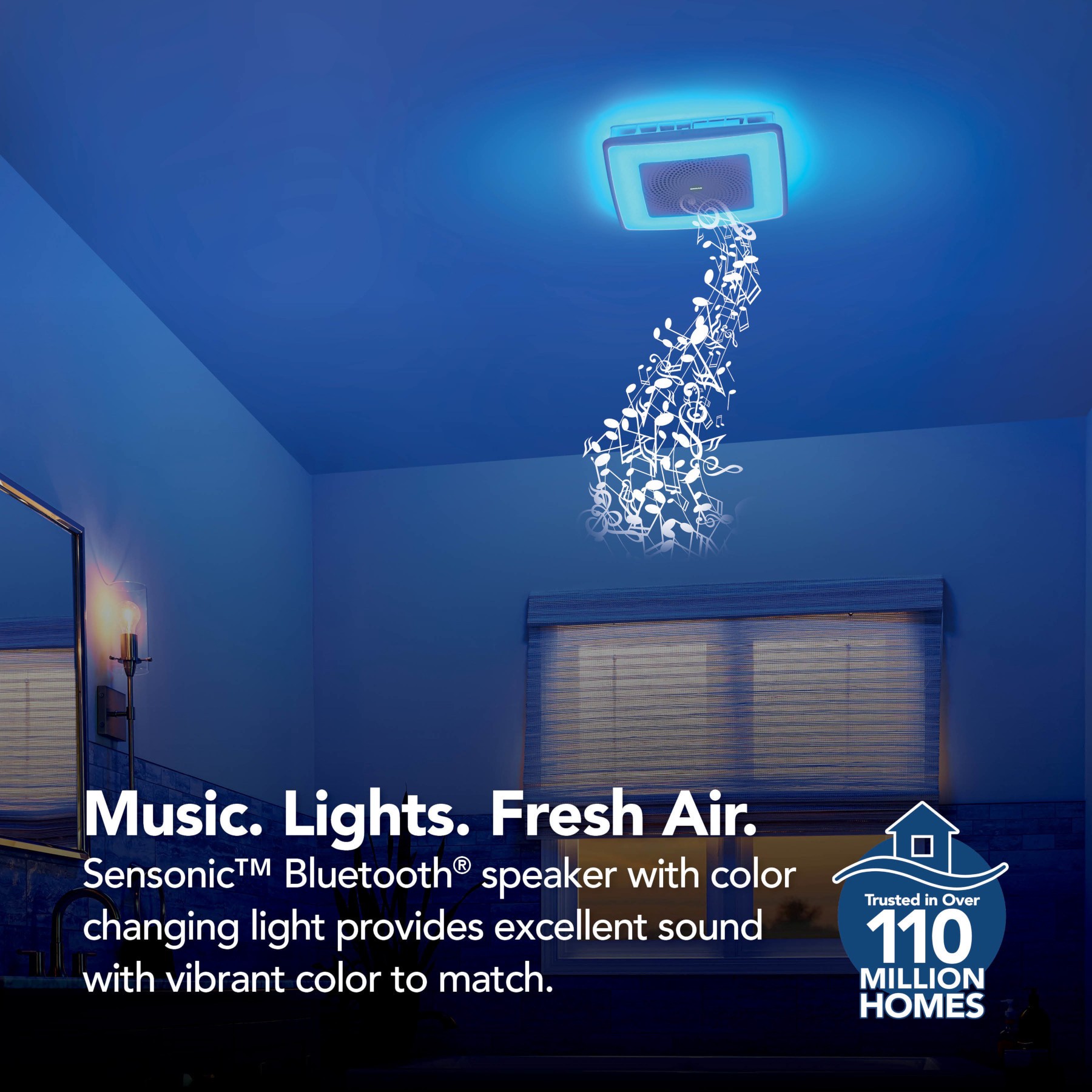slide 2 of 6, Broan Chroma Comfort 1.5-Sone 110-CFM White Decorative Lighted Bluetooth Compatibility Bathroom Fan, 1 ct