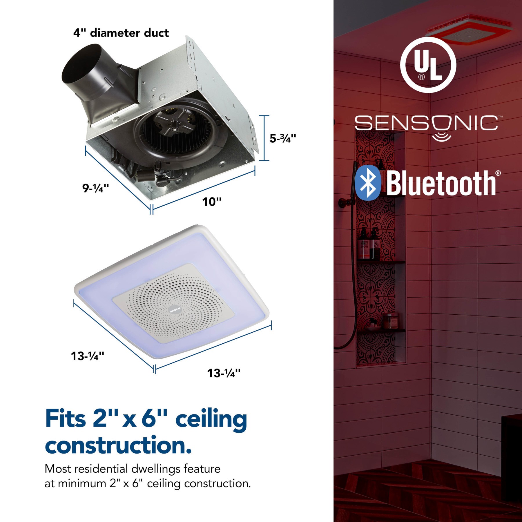 slide 5 of 6, Broan Chroma Comfort 1.5-Sone 110-CFM White Decorative Lighted Bluetooth Compatibility Bathroom Fan, 1 ct